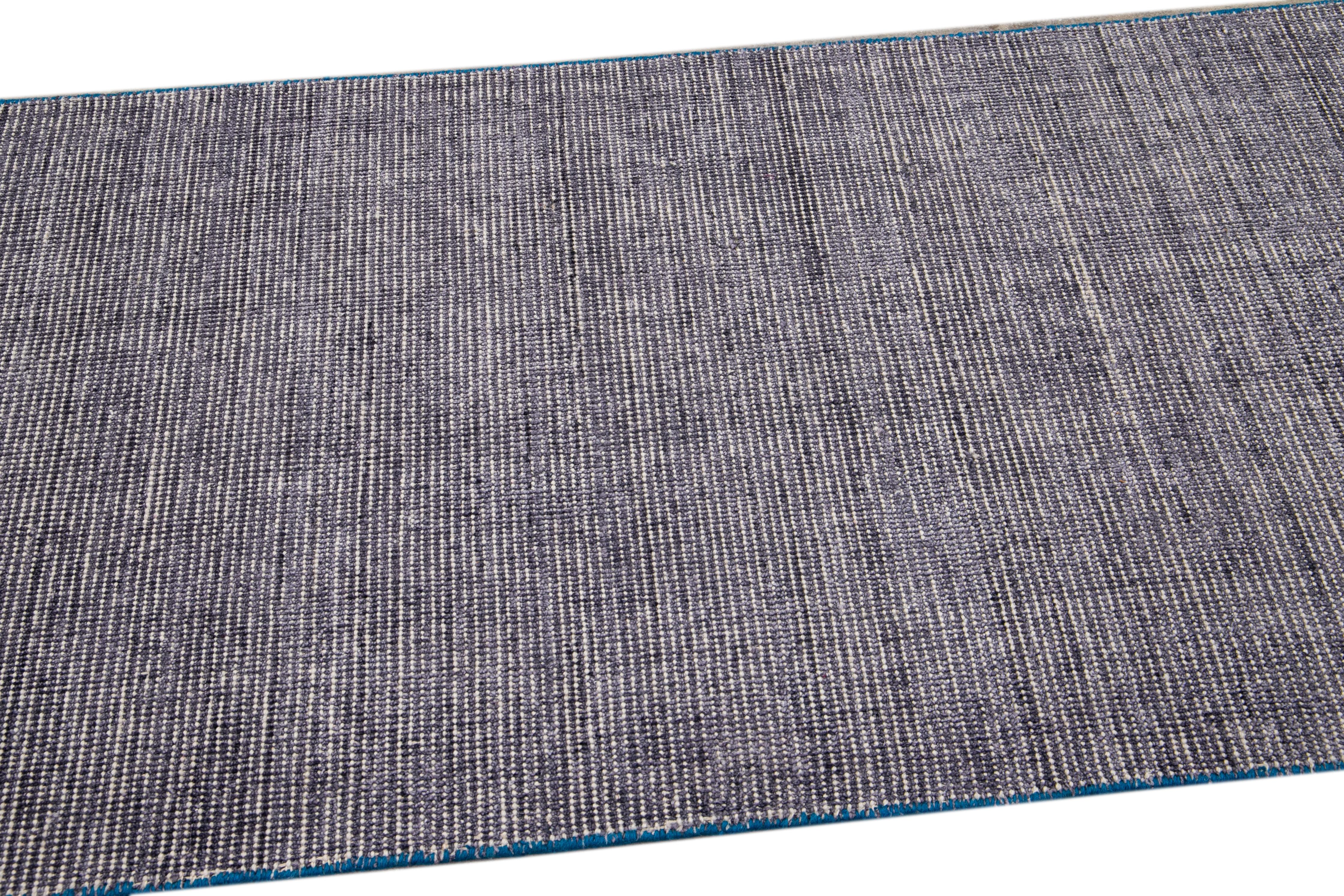 Gray Modern Groove Bamboo/Silk Handmade Wool Runner by Apadana For Sale 2