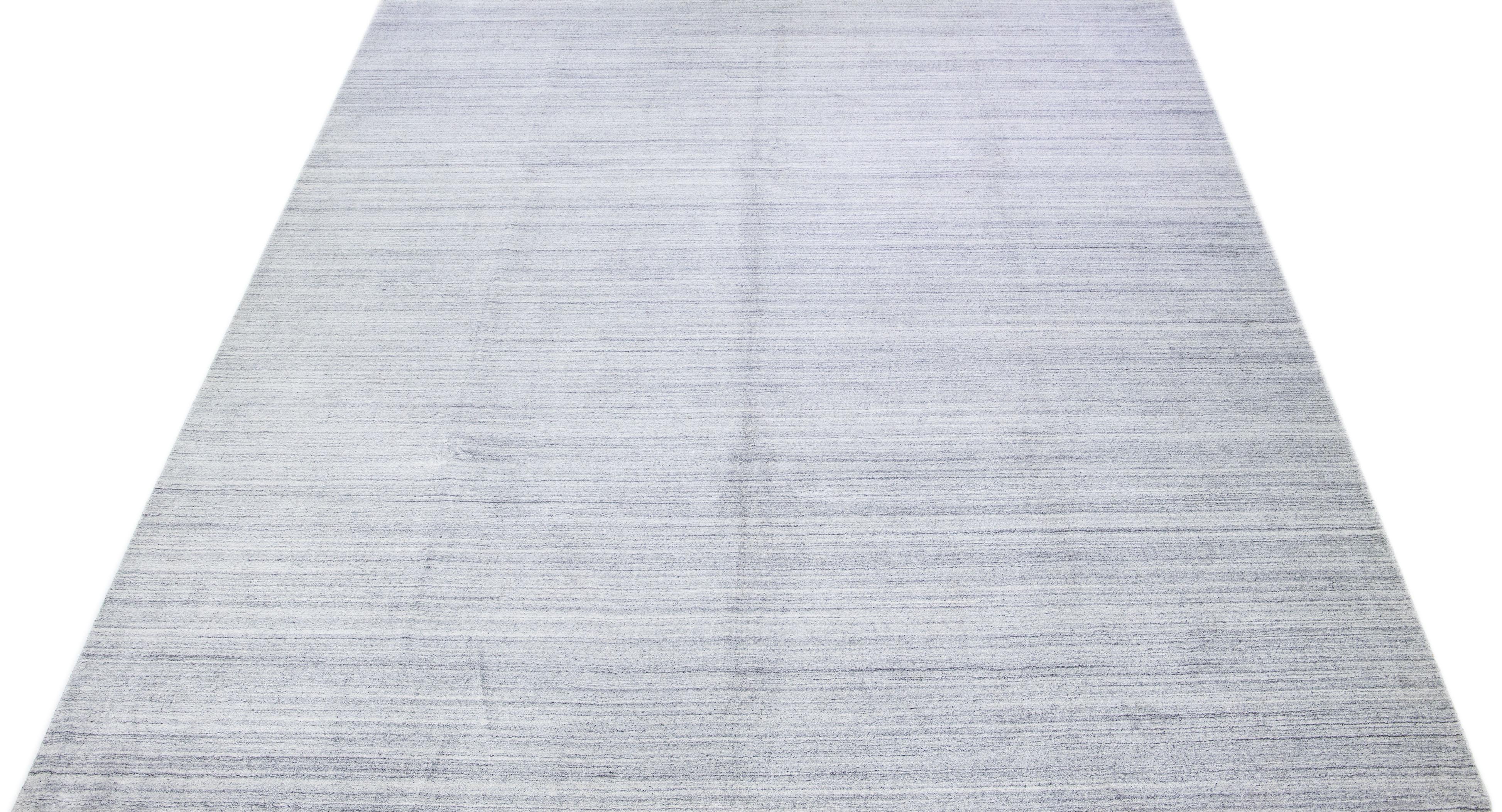 Pakistani Gray Modern Hand-Loom Wool Rug with Stripe Design For Sale