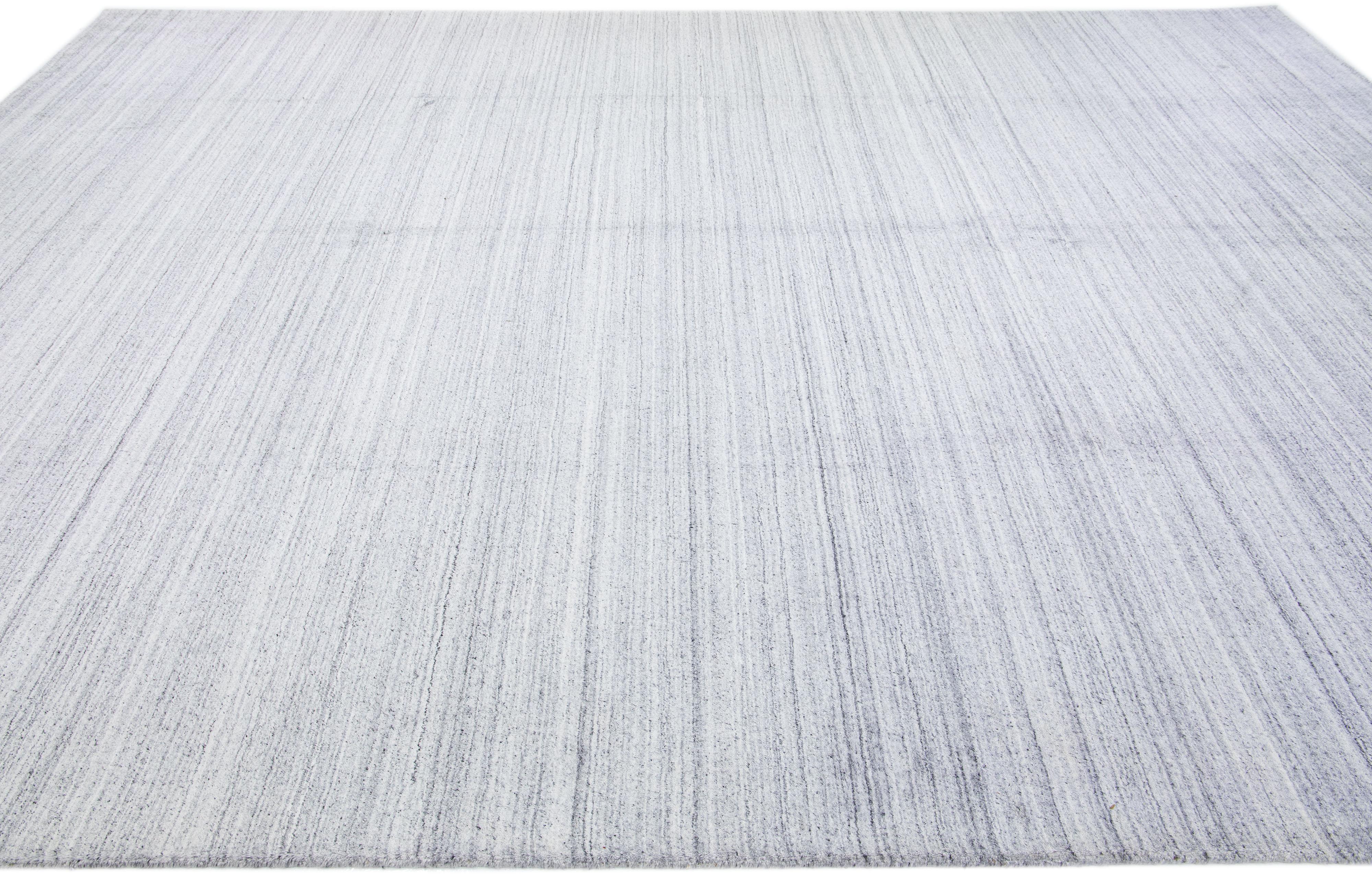 Hand-Knotted Gray Modern Hand-Loom Wool Rug with Stripe Design For Sale