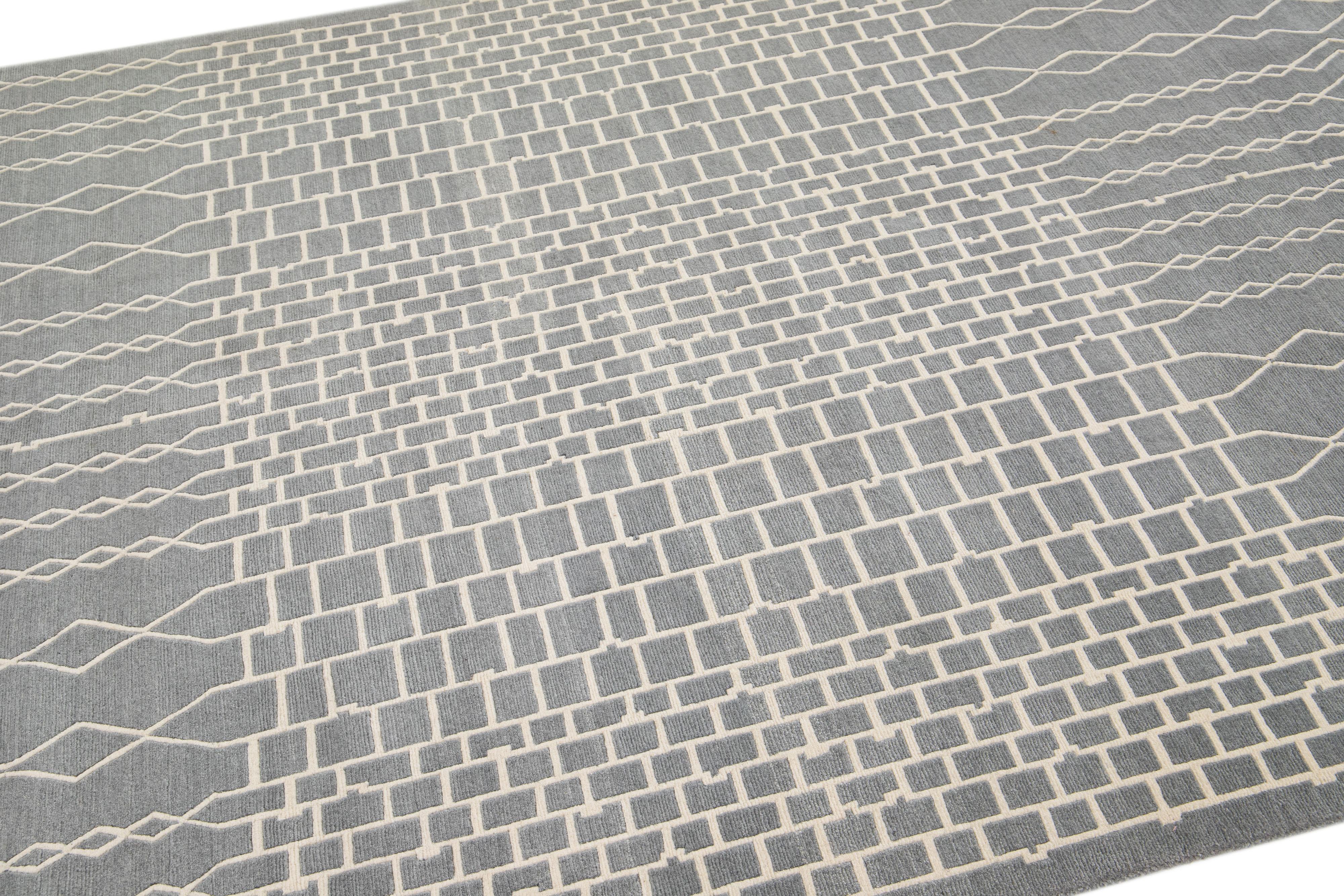 Hand-Knotted Gray Modern Handmade Geometric Designed Wool & Silk Tibetan Rug For Sale