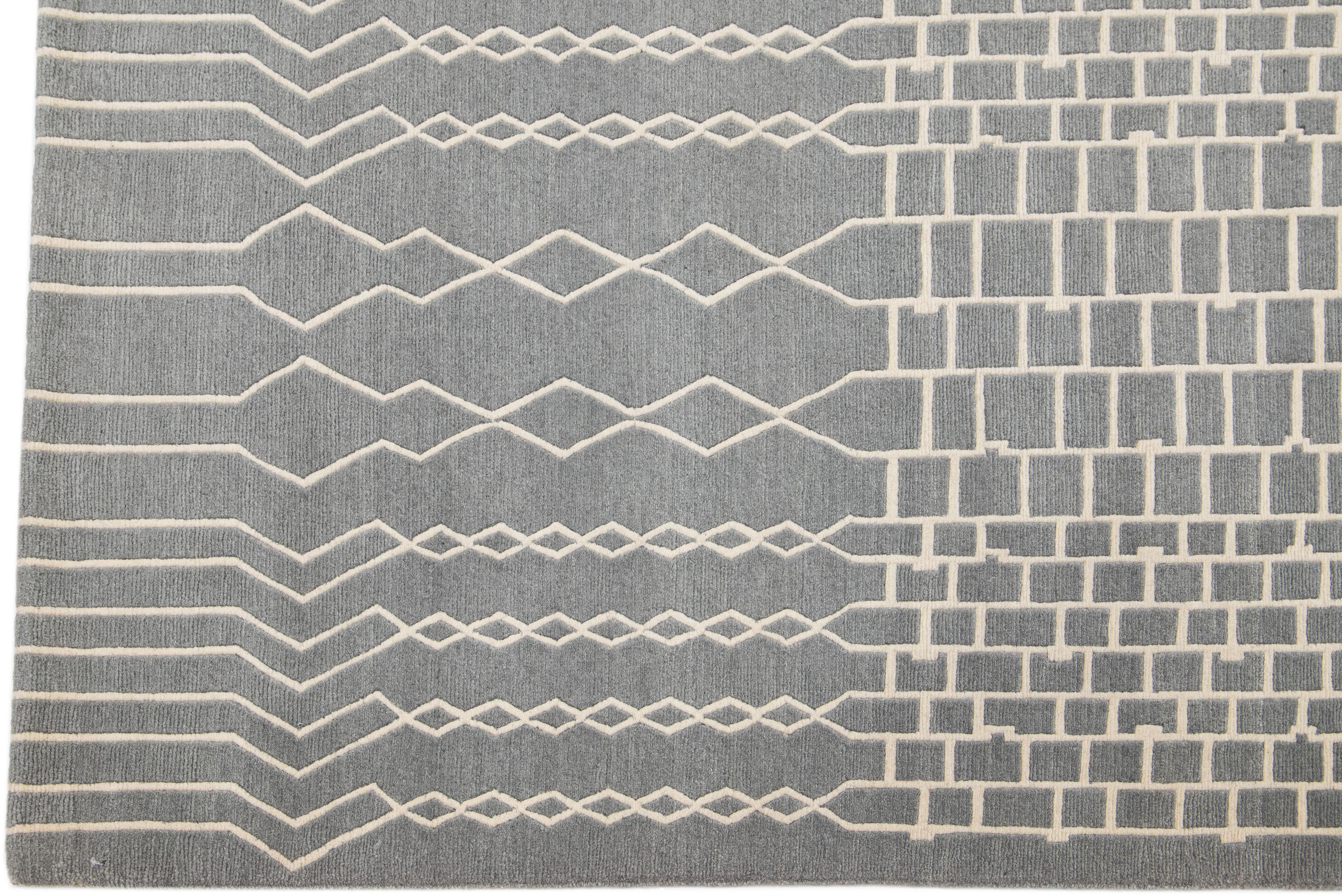 Contemporary Gray Modern Handmade Geometric Designed Wool & Silk Tibetan Rug For Sale