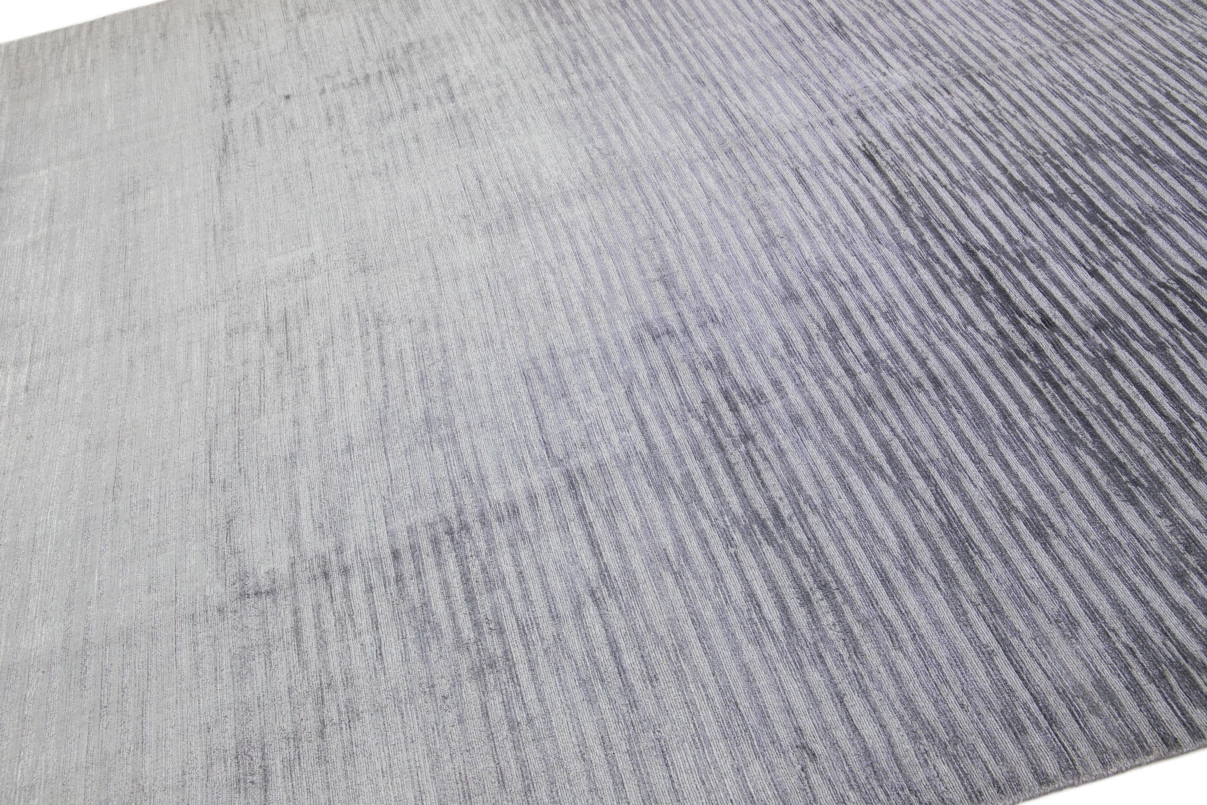 Indian Gray Modern Handmade Wool & Silk Rug with Stripe Design For Sale