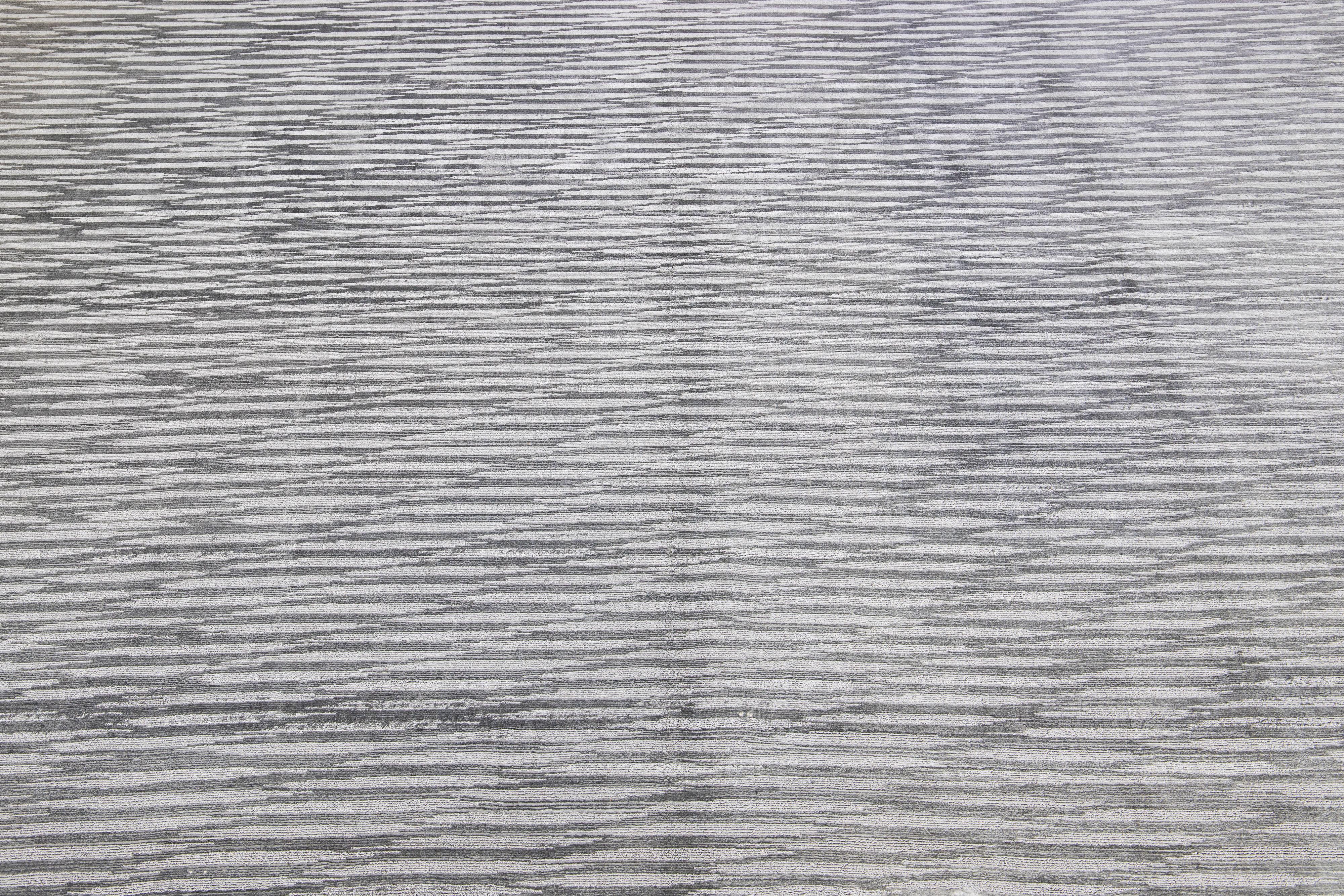 Contemporary Gray Modern Handmade Wool & Silk Rug with Stripe Design For Sale