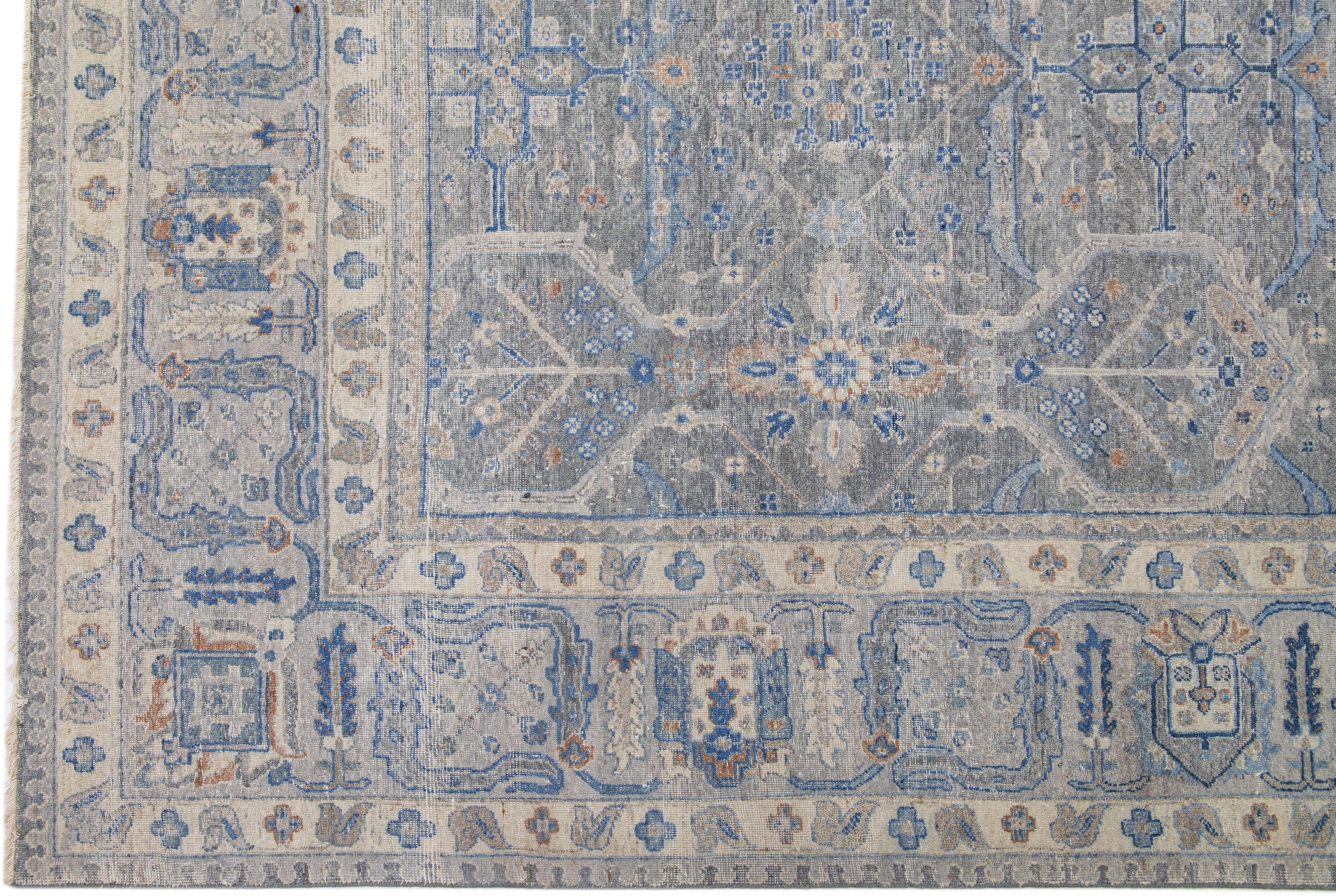 Gray Modern Indian Handmade Floral Wool Rug by Apadana In New Condition For Sale In Norwalk, CT