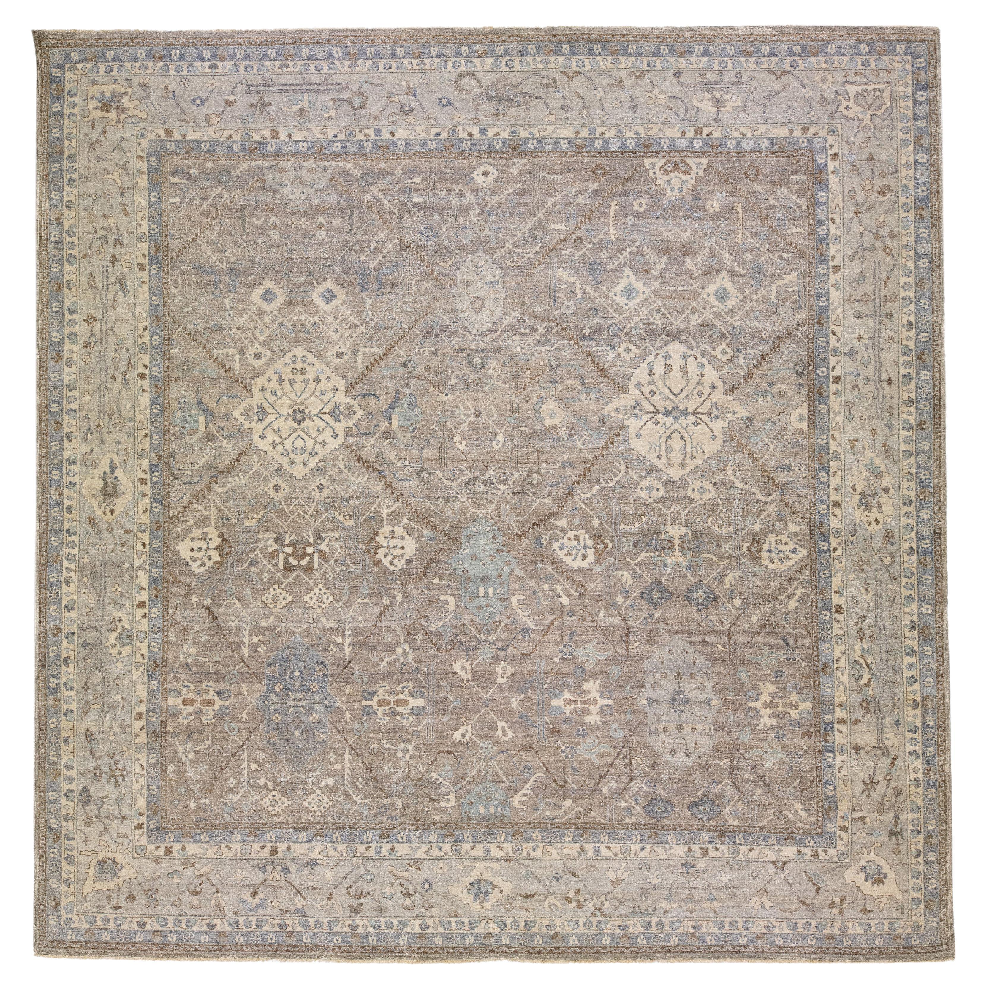 Gray Modern Indian Handmade Floral Wool Rug For Sale