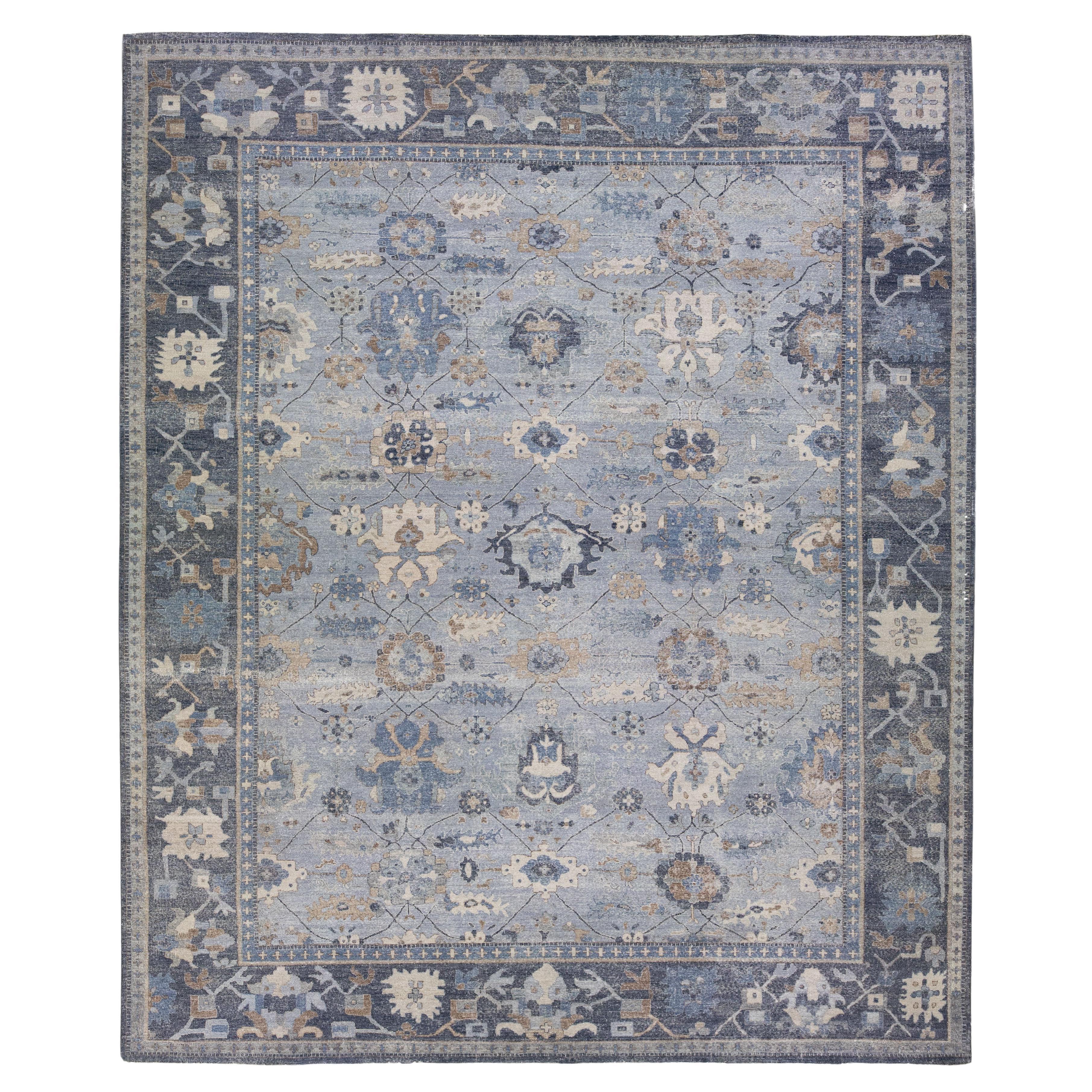 Gray Modern Indian Handmade Floral Wool Rug For Sale