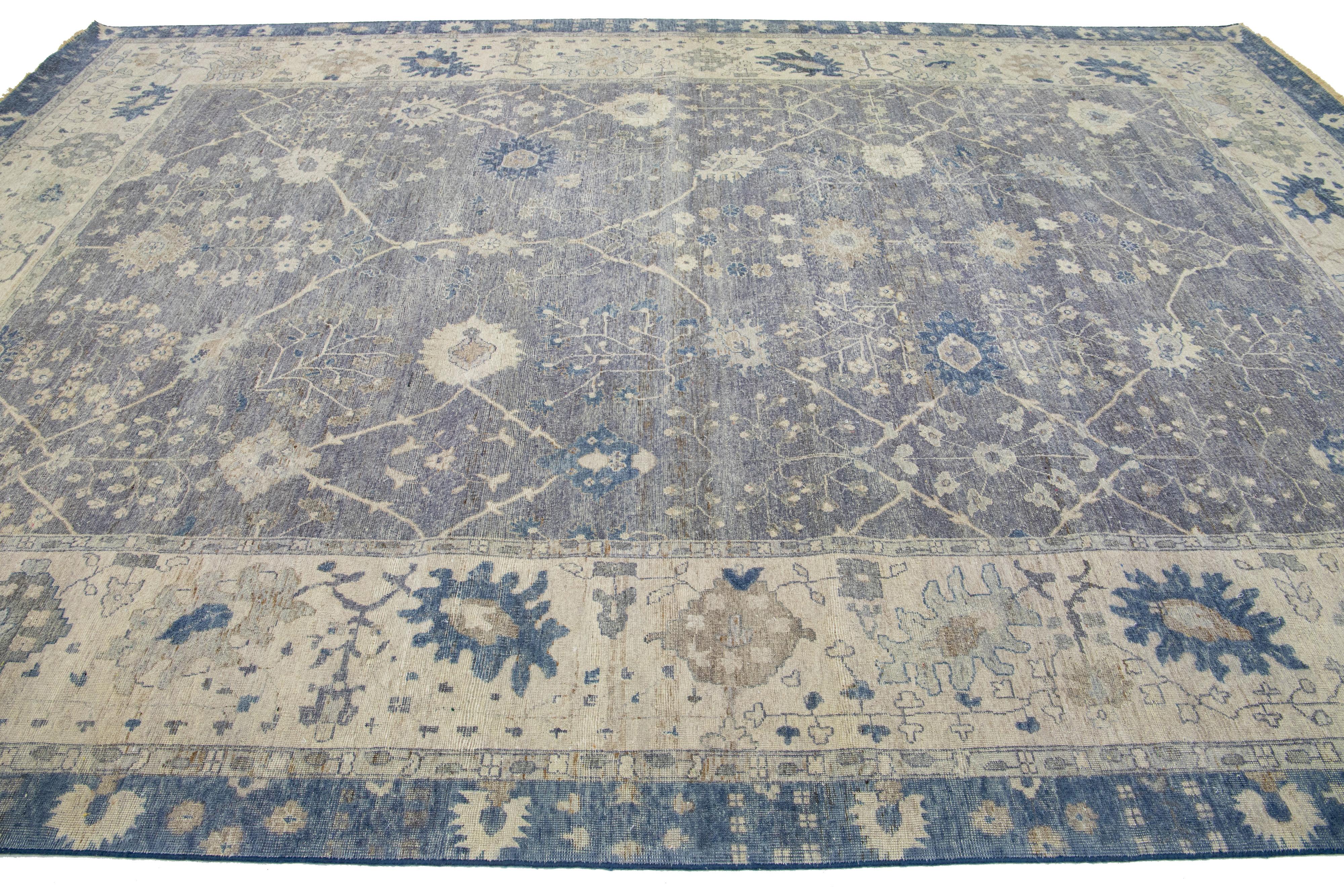 Gray Modern Indian Mahal Wool Rug With Floral Pattern by Apadana In New Condition For Sale In Norwalk, CT