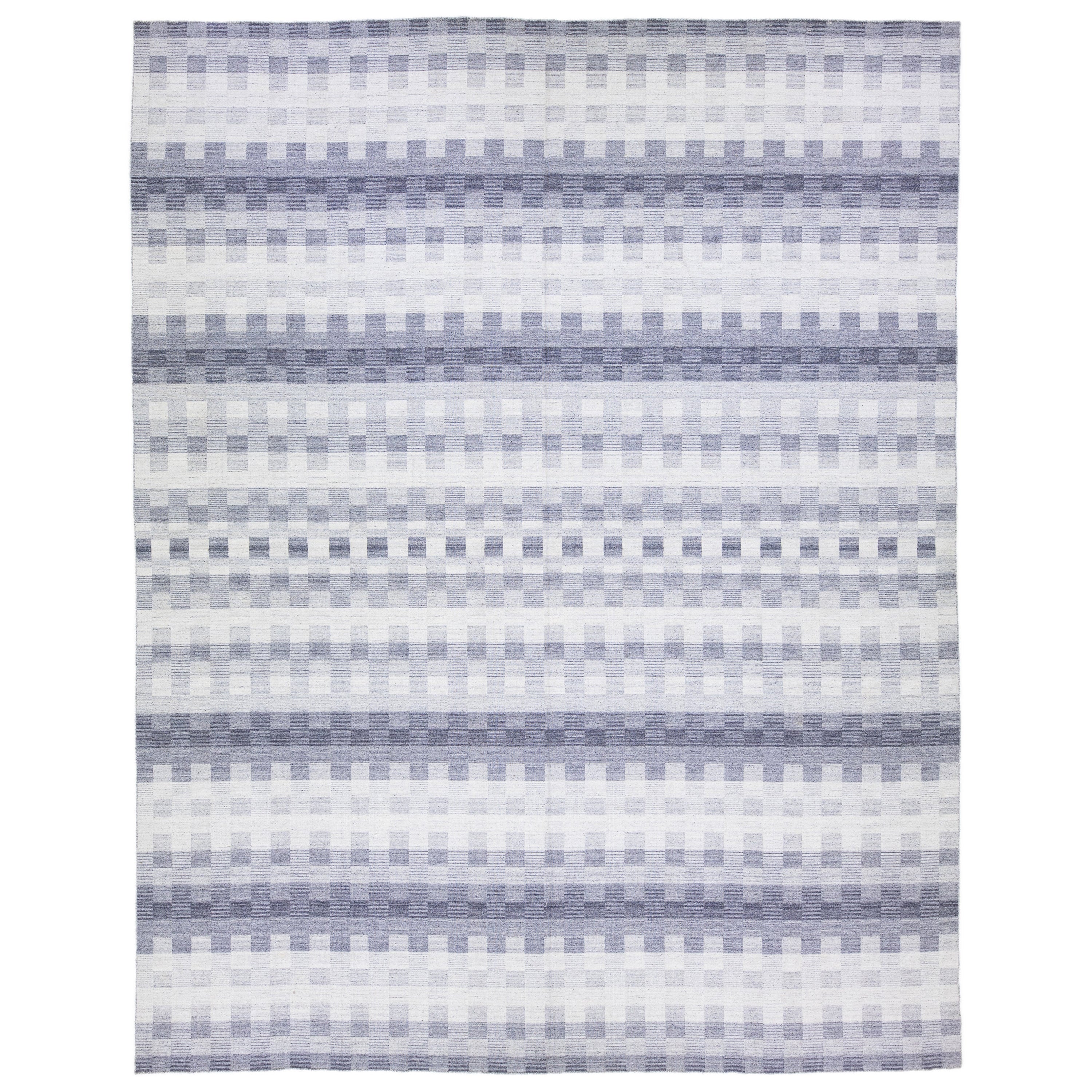 Alfombra de lana de tejido plano Kilim gris moderna con diseño geométrico