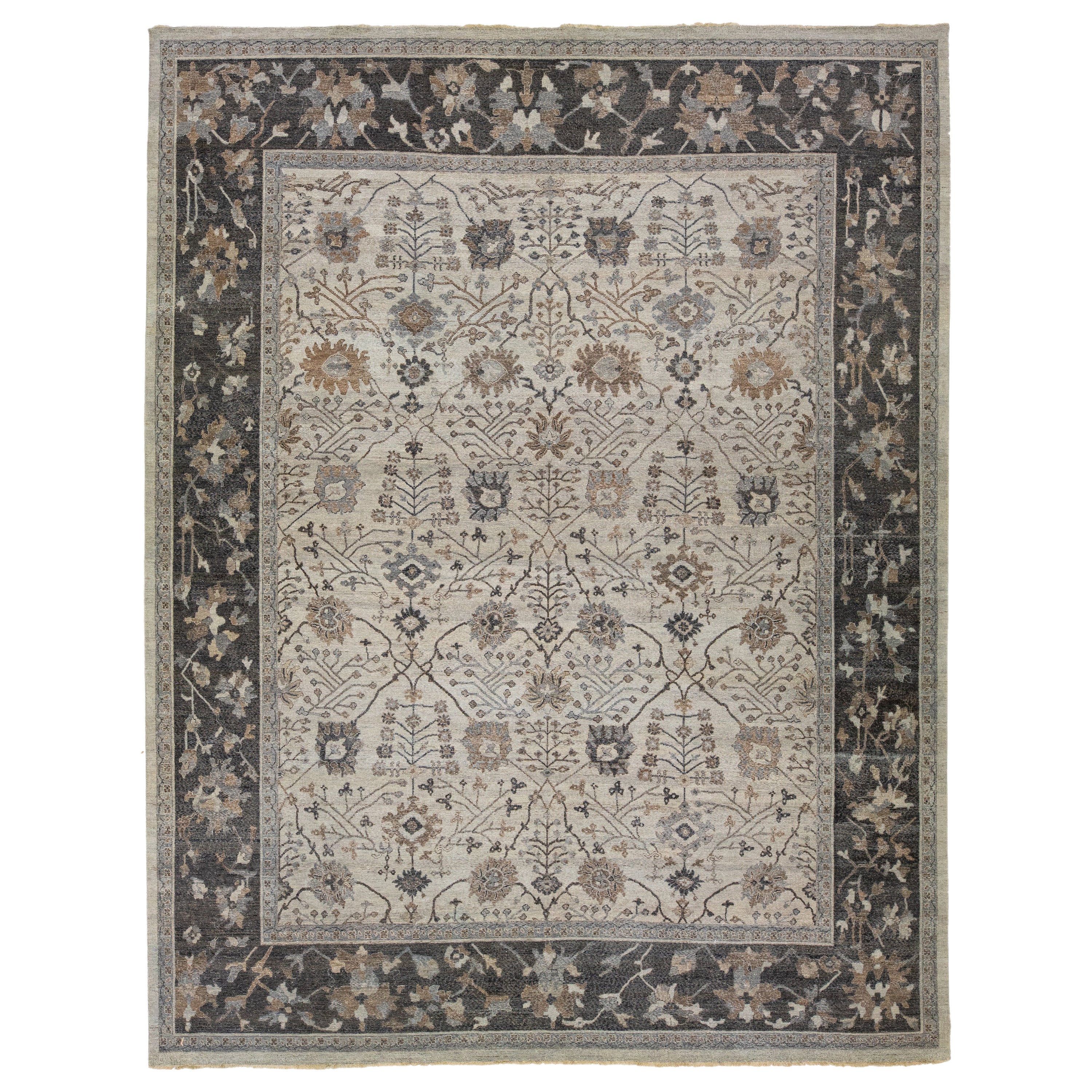 Handgefertigter indischer Mahal-Wollteppich in Grau mit Blumenmuster von Apadana