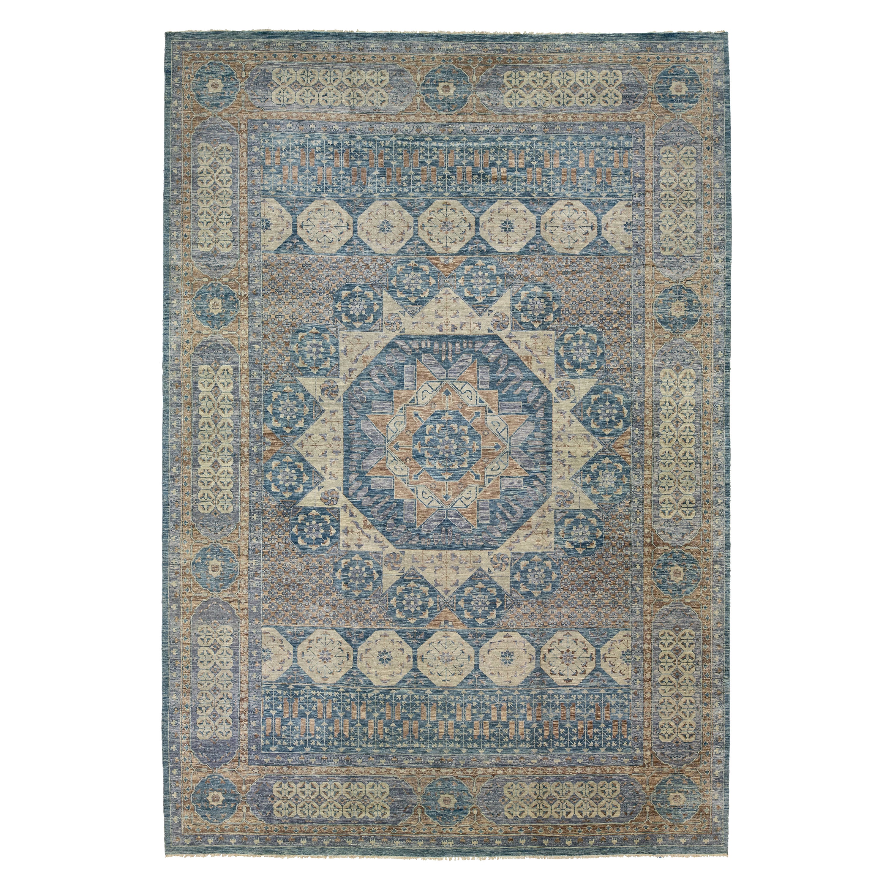 Moderner Mamluk Oversize-Wollteppich in Grau mit geometrischem blauem Design in Grau