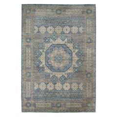 Moderner Mamluk Oversize-Wollteppich in Grau mit geometrischem blauem Design in Grau