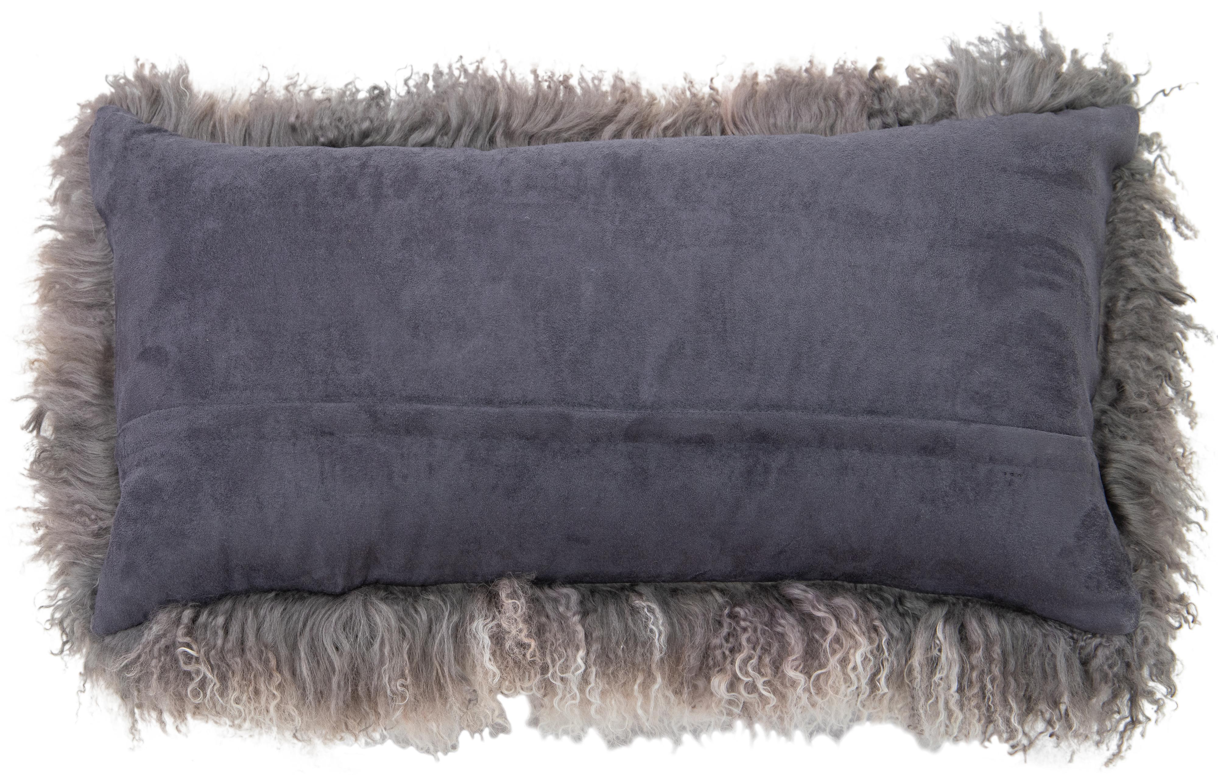 Indian Gray Modern Mongolian Lamb Fur Single Side Pillow For Sale