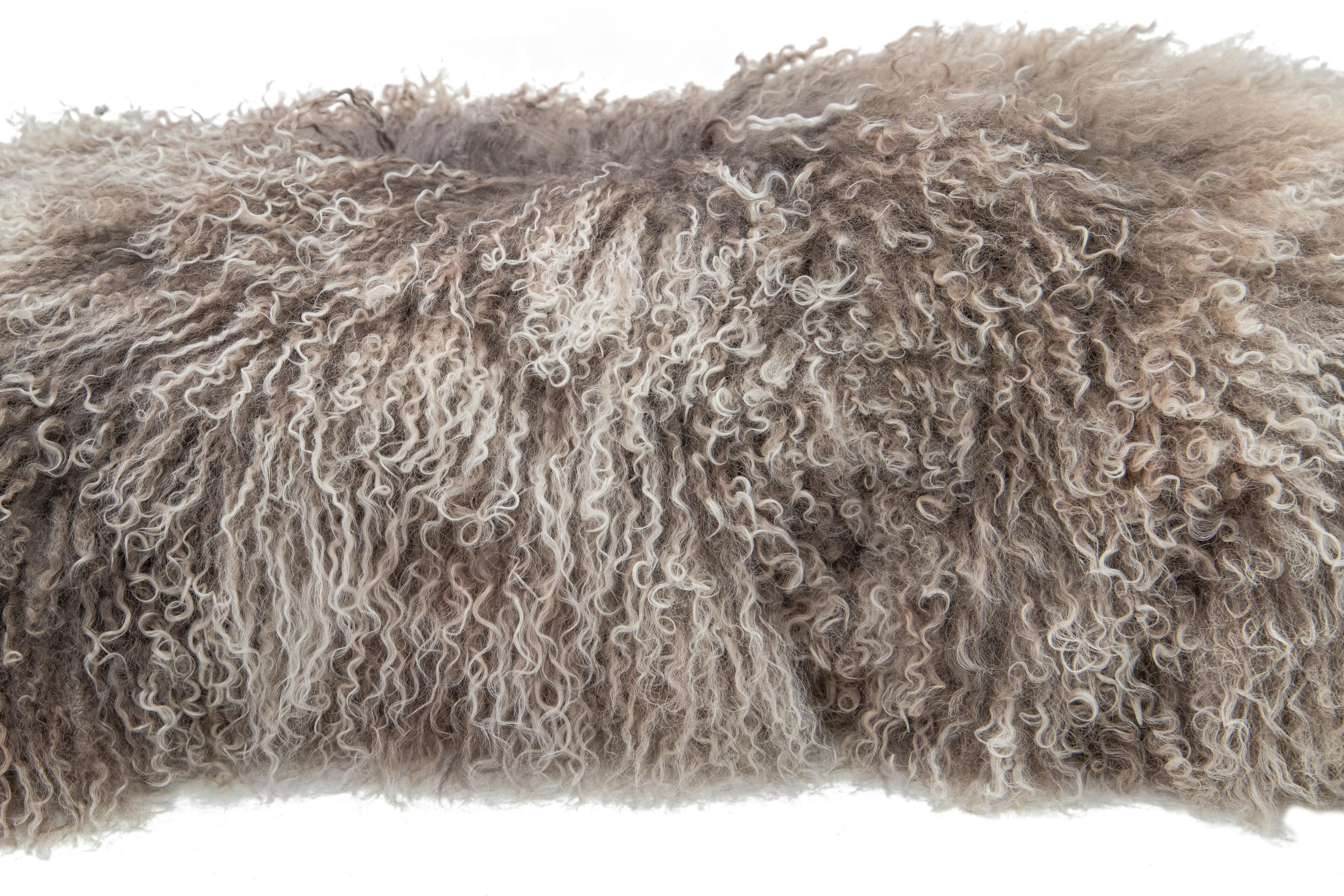 Hand-Knotted Gray Modern Mongolian Lamb Fur Single Side Pillow For Sale