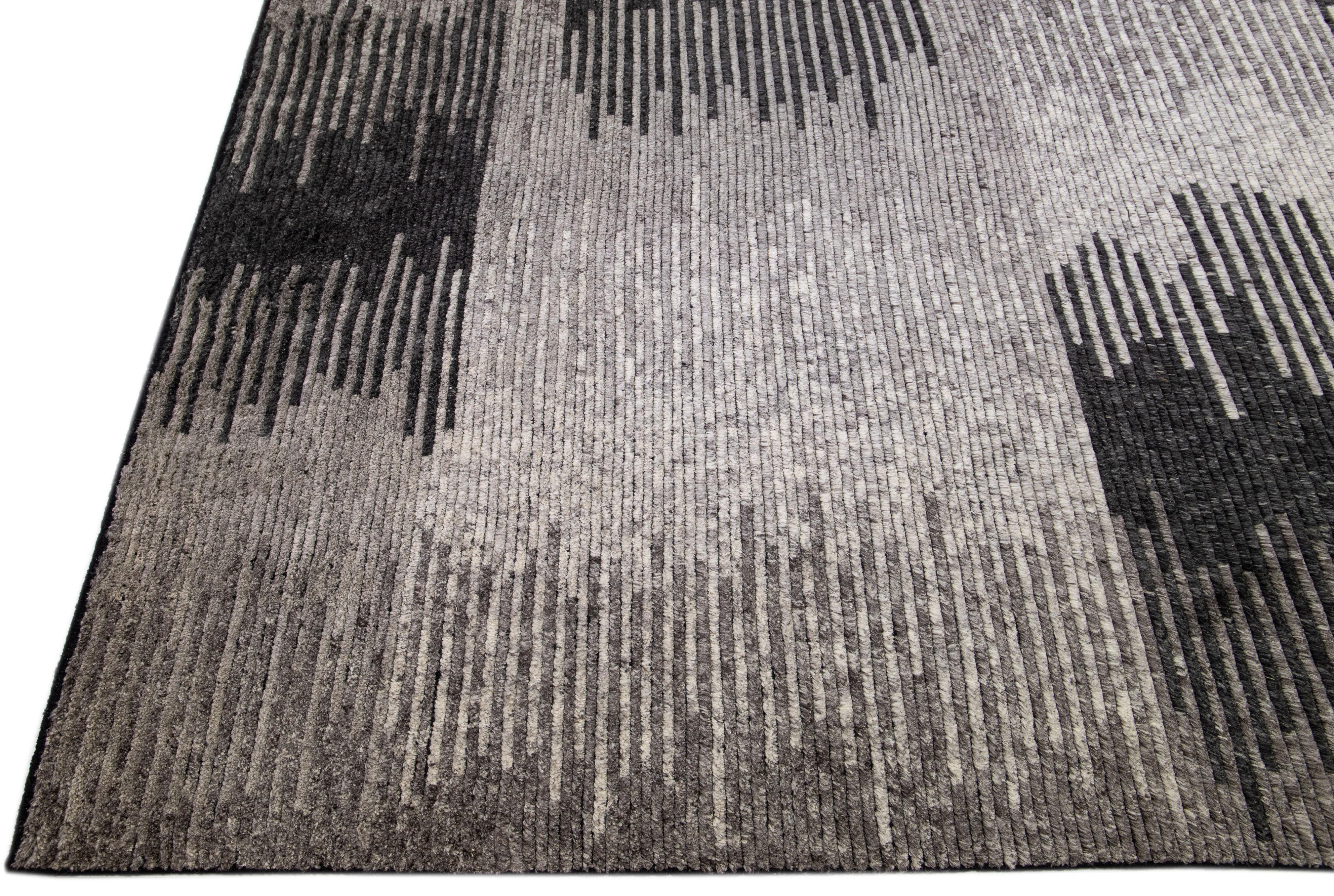 Hand-Knotted Gray Modern Moroccan Style Handmade Abstract Designed Oversize Wool Rug For Sale