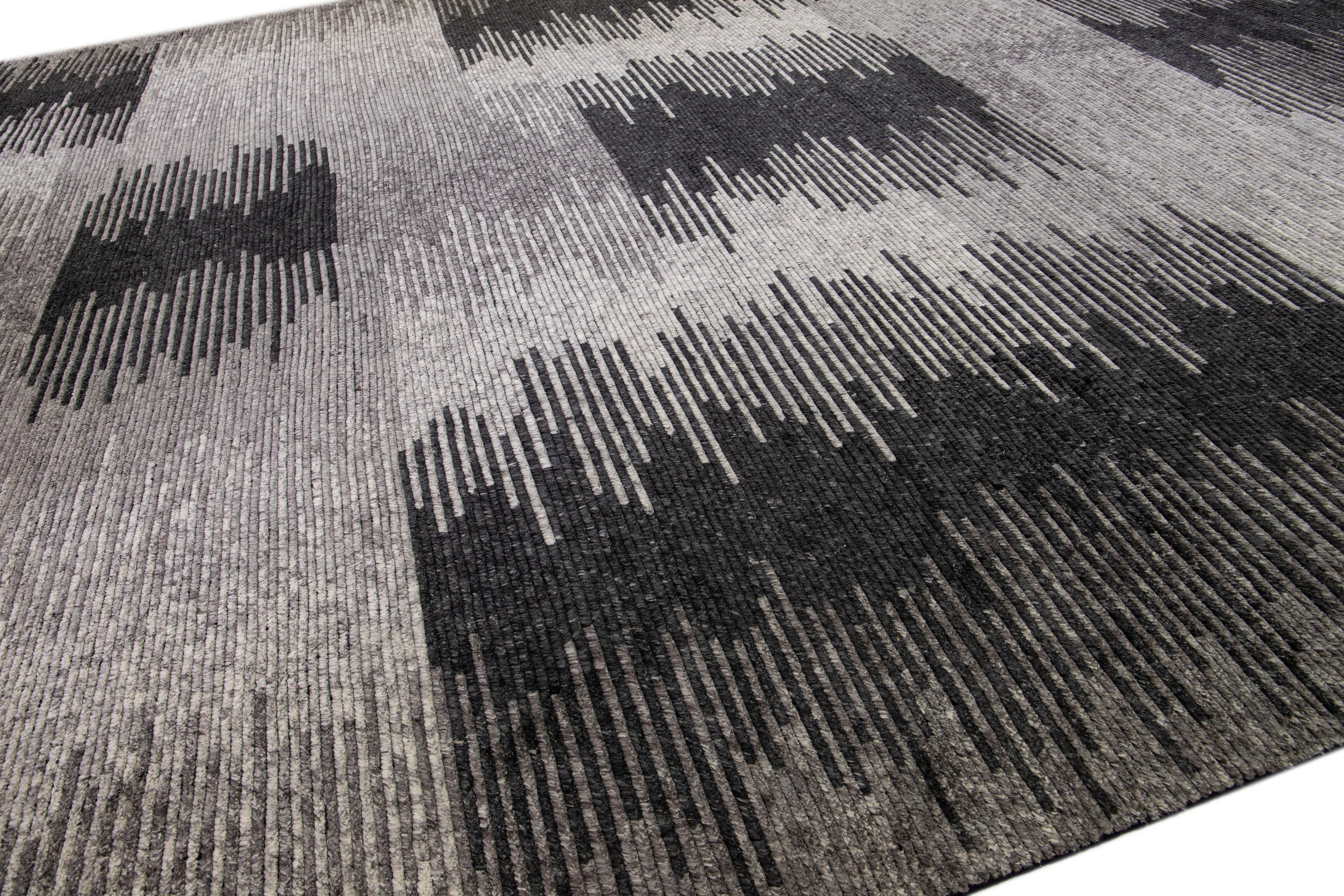 Gray Modern Moroccan Style Handmade Abstract Designed Oversize Wool Rug In New Condition For Sale In Norwalk, CT