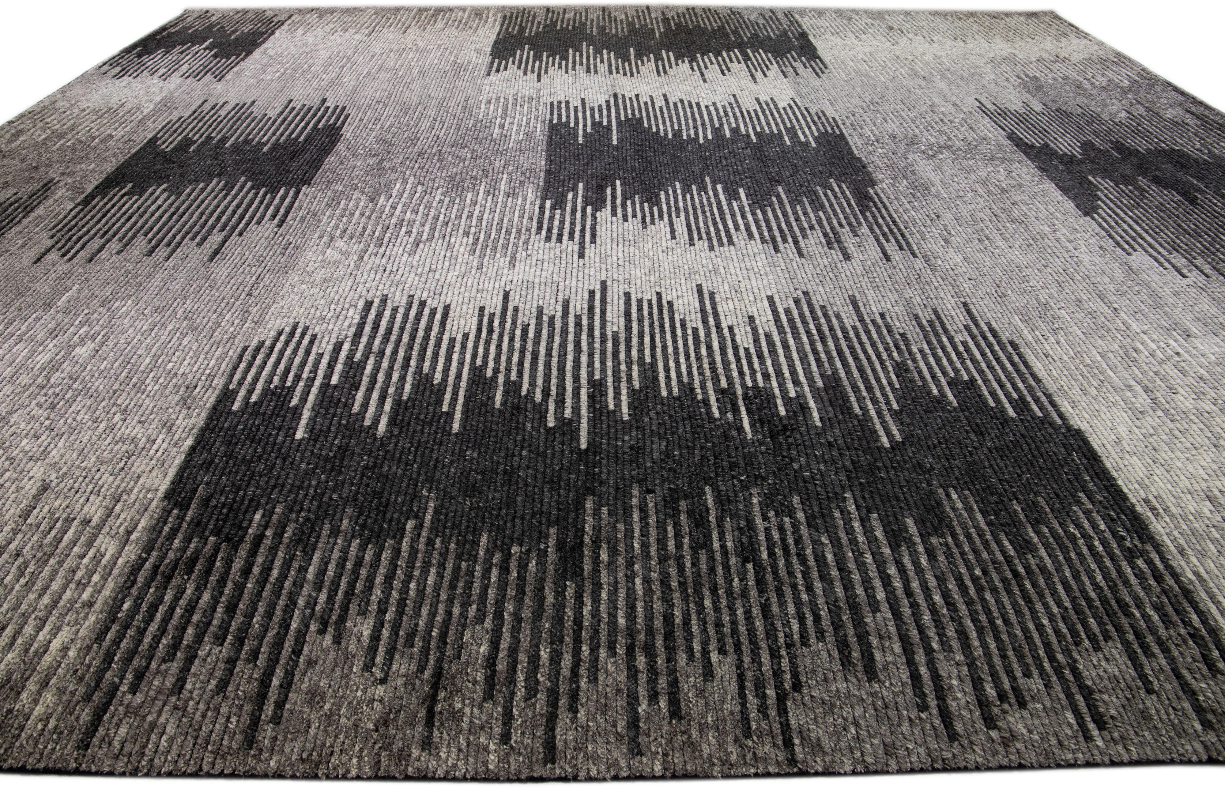 Contemporary Gray Modern Moroccan Style Handmade Abstract Designed Oversize Wool Rug For Sale