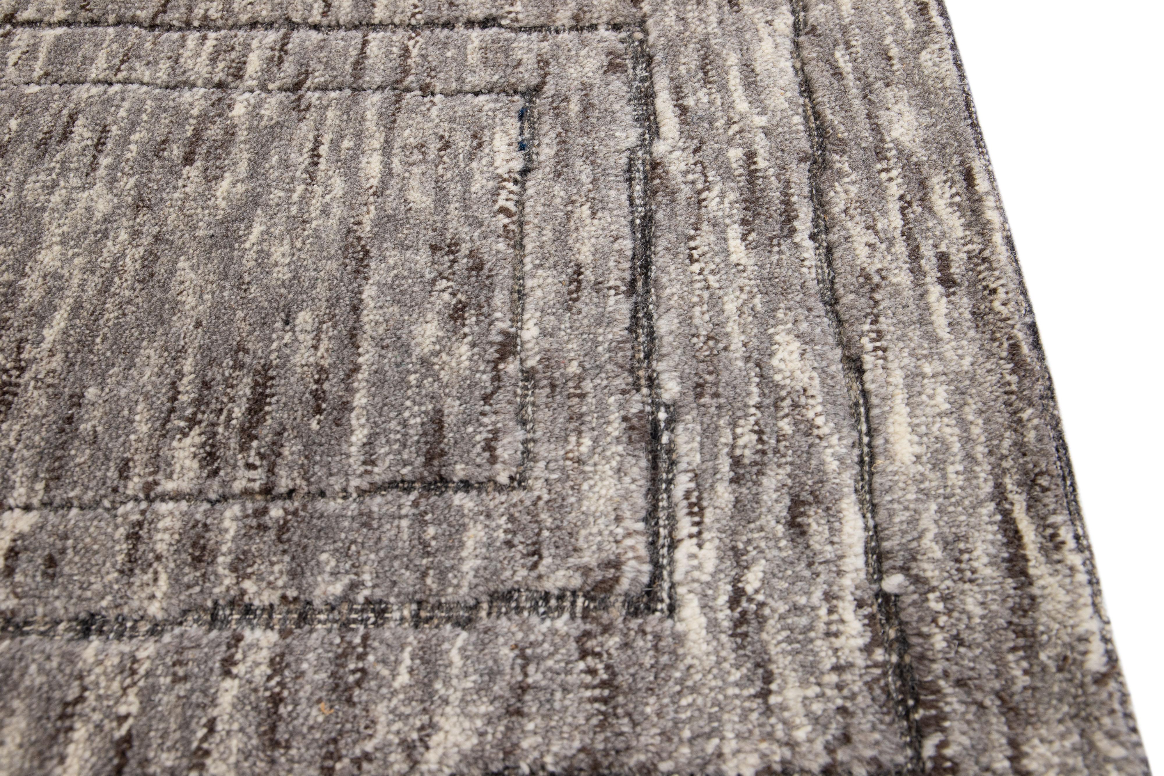 Indian Gray Modern Moroccan Style Handmade Custom Wool Rug For Sale