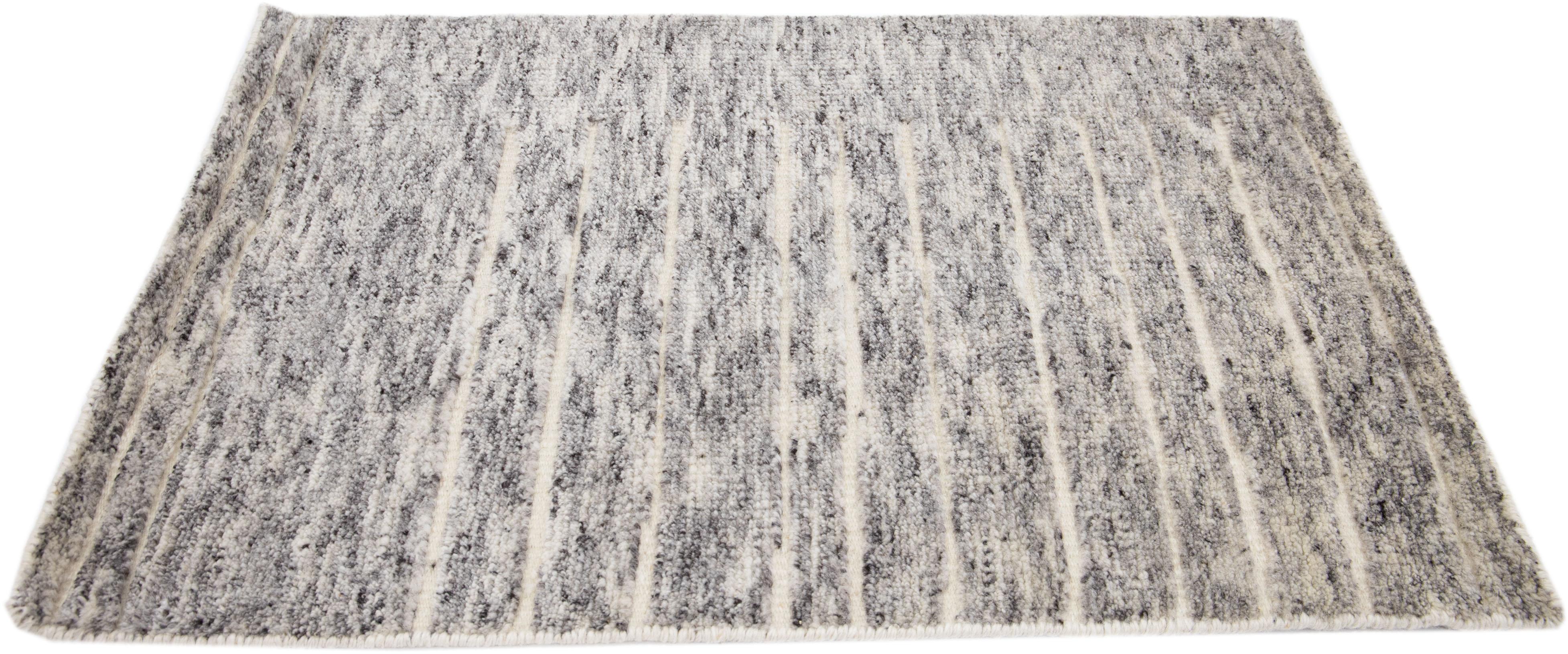 Indian Gray Modern Moroccan Style Handmade Custom Wool Rug For Sale