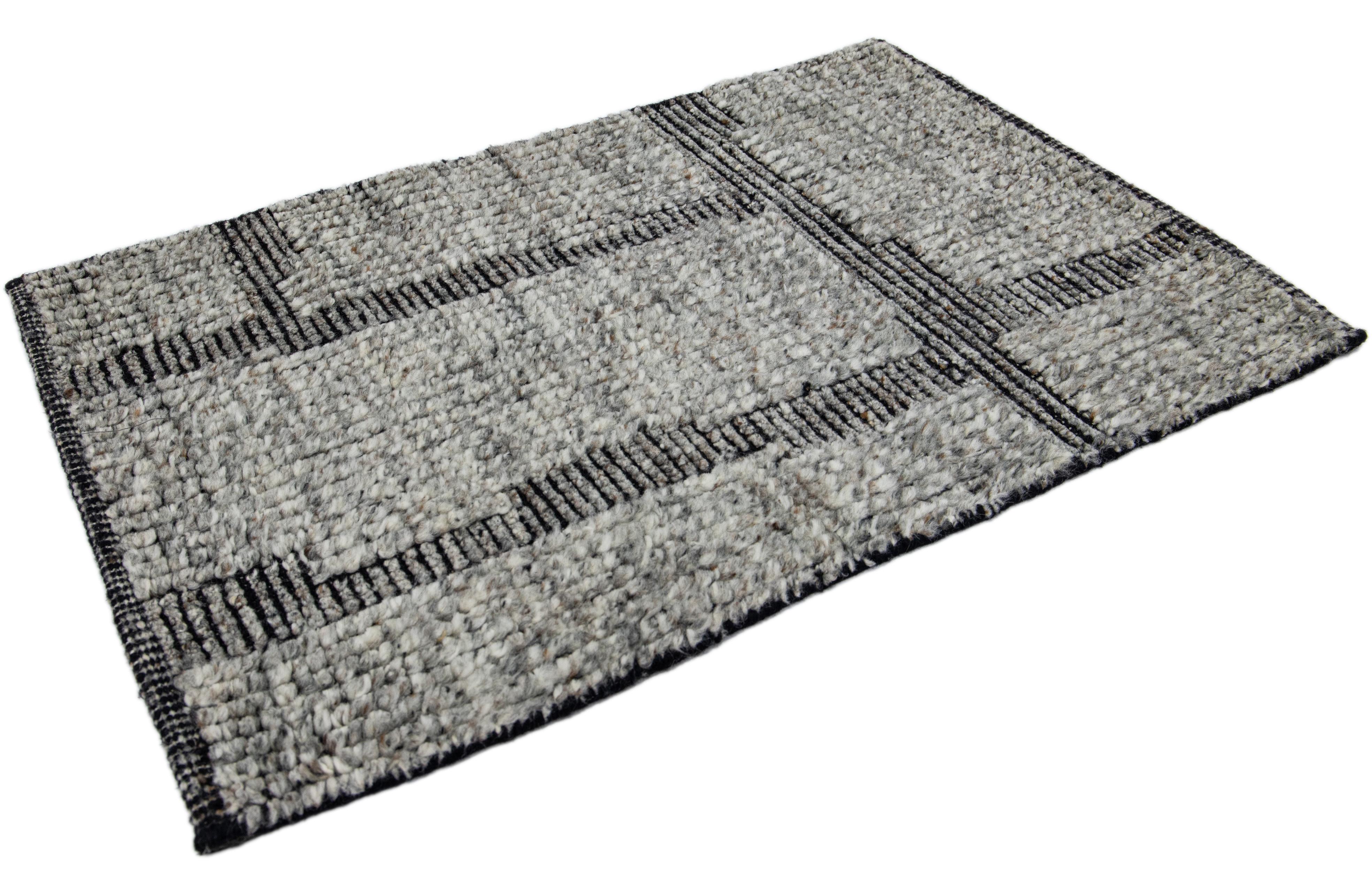 Hand-Knotted Gray Modern Moroccan Style Handmade Custom Wool Rug For Sale