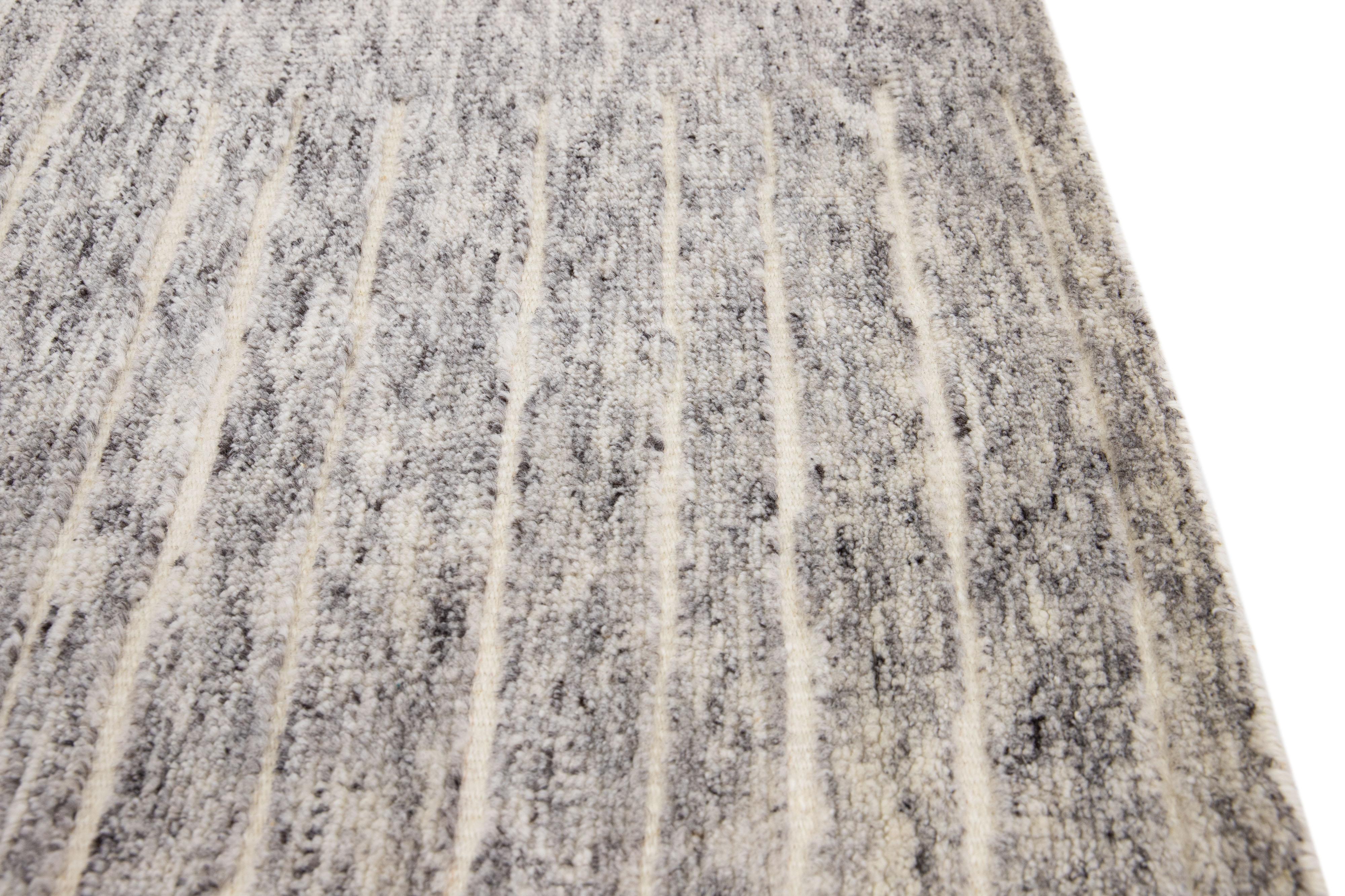 Hand-Knotted Gray Modern Moroccan Style Handmade Custom Wool Rug For Sale