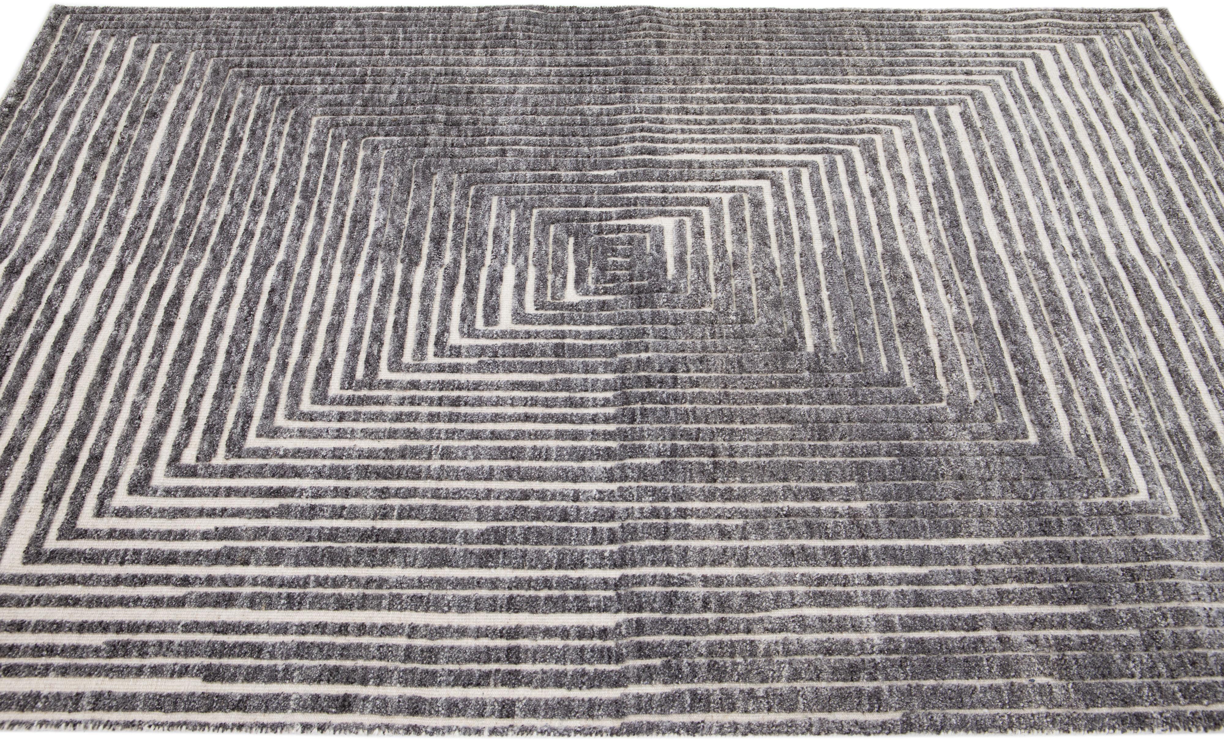 Hand-Knotted Gray Modern Moroccan Style Handmade Wool Rug with Op Art Design by Apadana For Sale