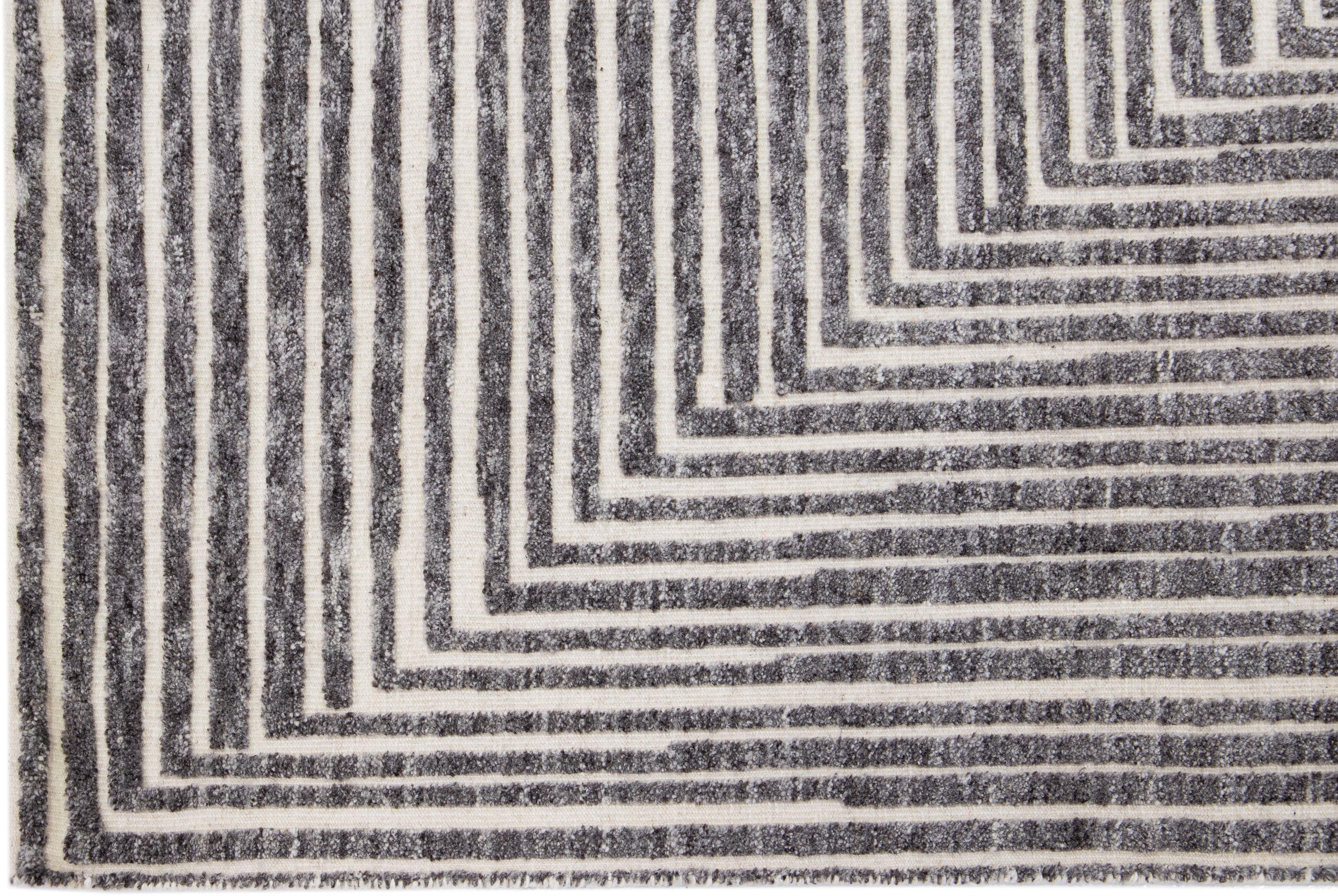 Gray Modern Moroccan Style Handmade Wool Rug with Op Art Design by Apadana In New Condition For Sale In Norwalk, CT
