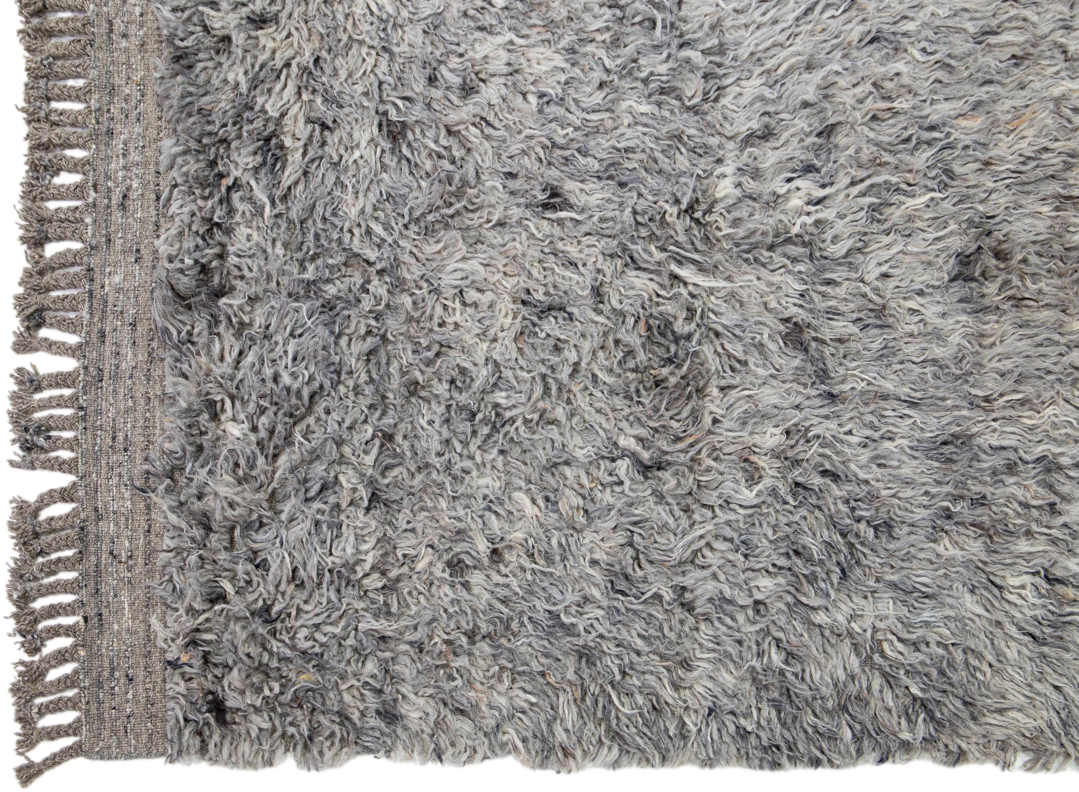 Hand-Knotted Gray Modern Moroccan Style Shaggy Wool Area Rug  For Sale