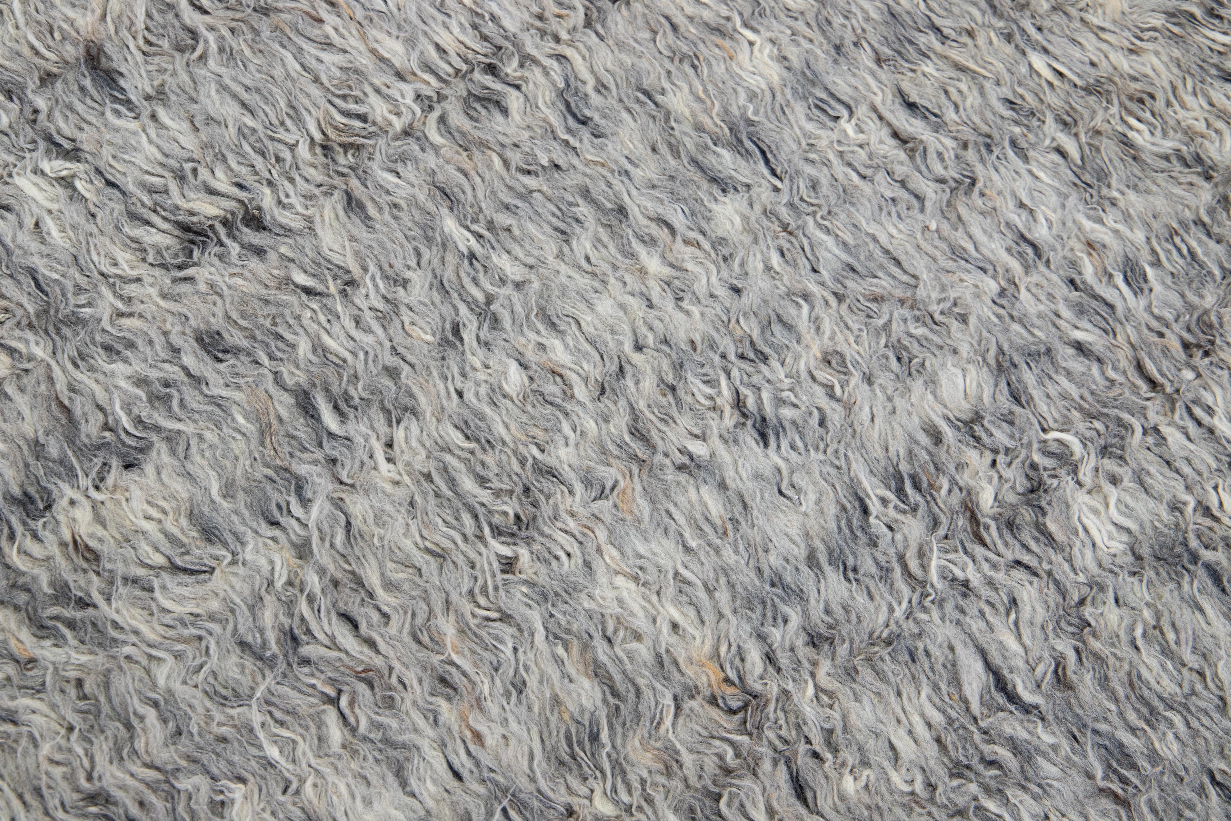 Contemporary Gray Modern Moroccan Style Shaggy Wool Area Rug  For Sale