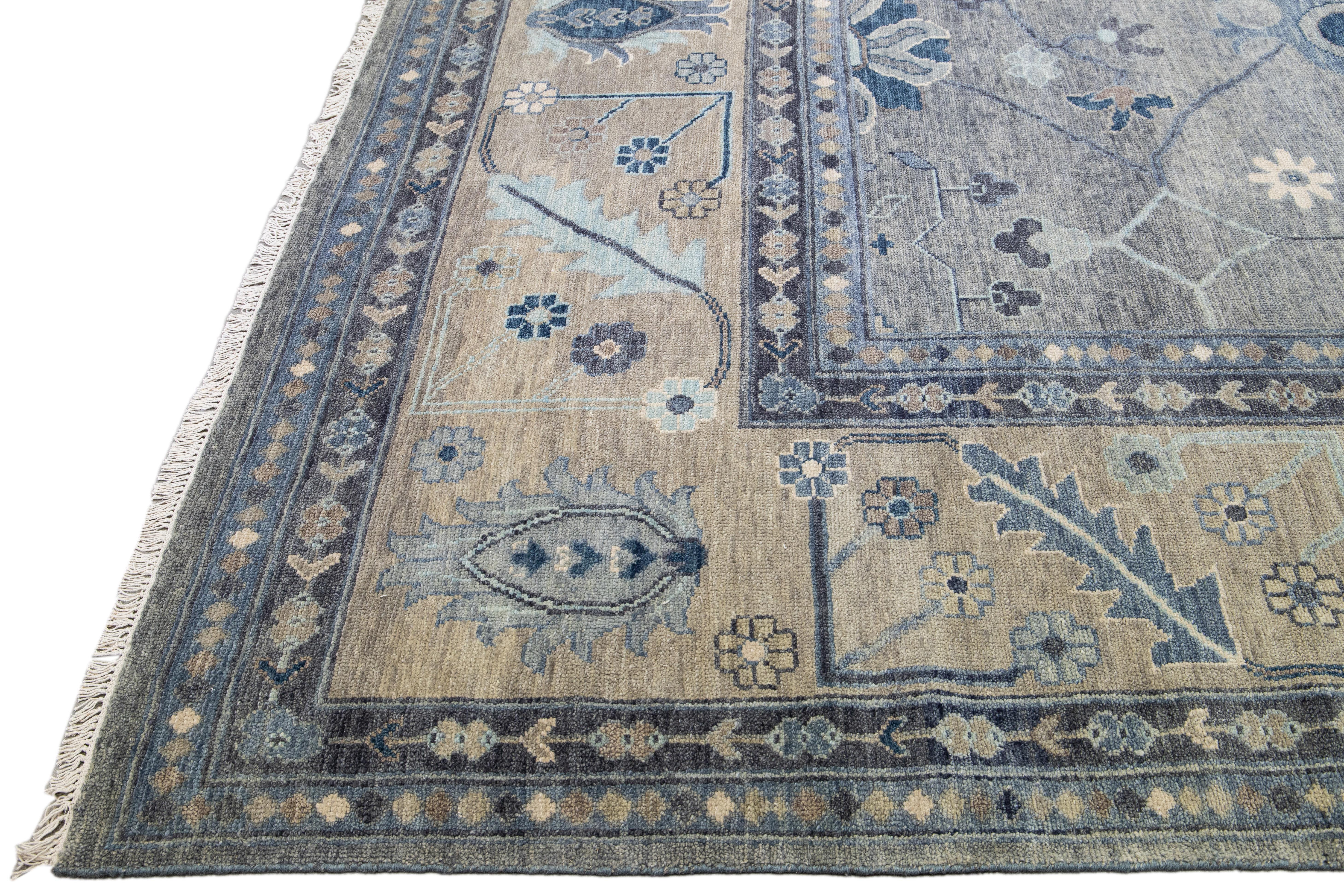 Hand-Knotted Gray Modern Oushak Style Handmade Floral Motif Oversize Wool Rug For Sale