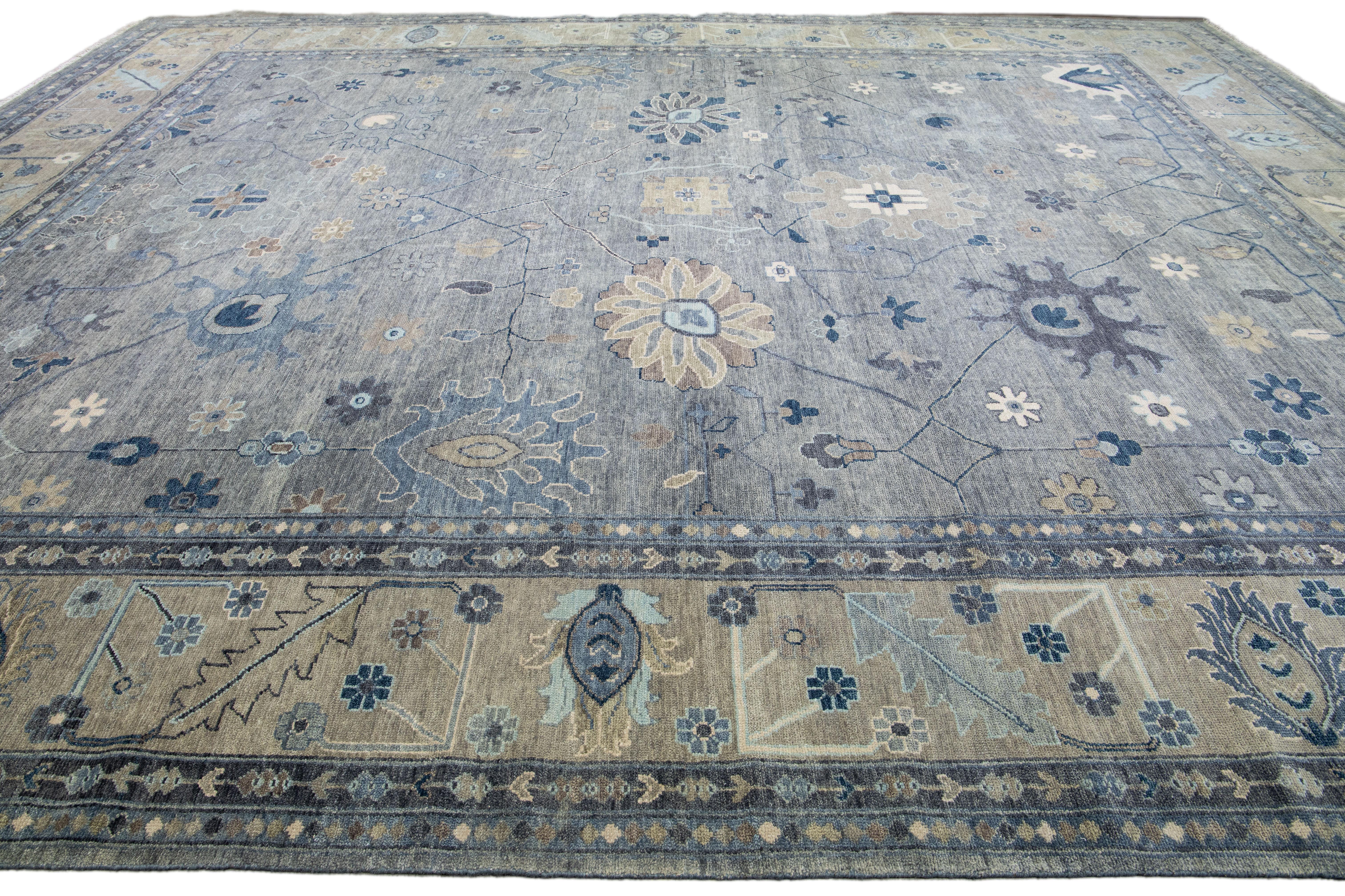 Gray Modern Oushak Style Handmade Floral Motif Oversize Wool Rug In New Condition For Sale In Norwalk, CT