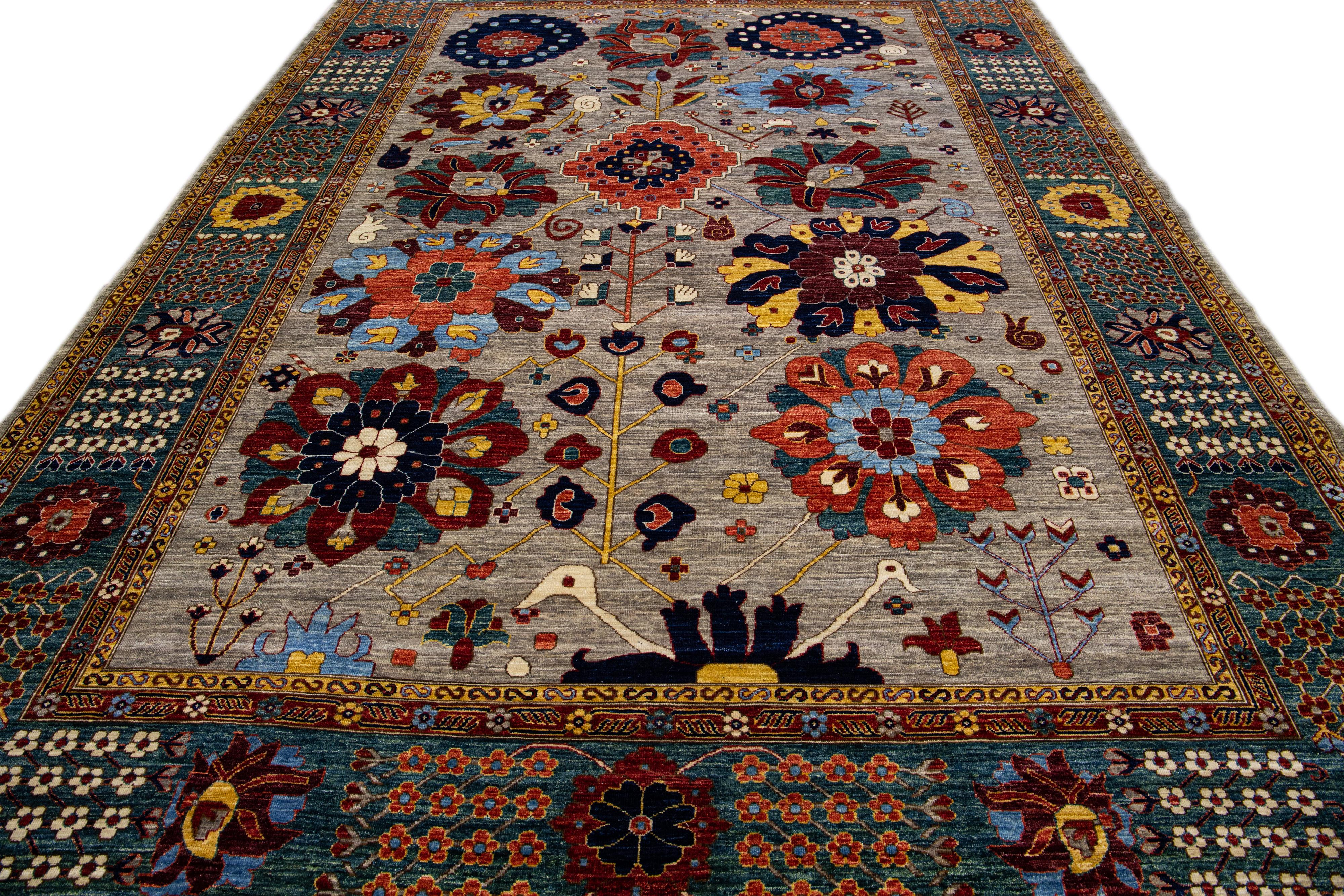 Islamic Gray Modern Serapi Style Handmade Floral Designed Wool Rug For Sale