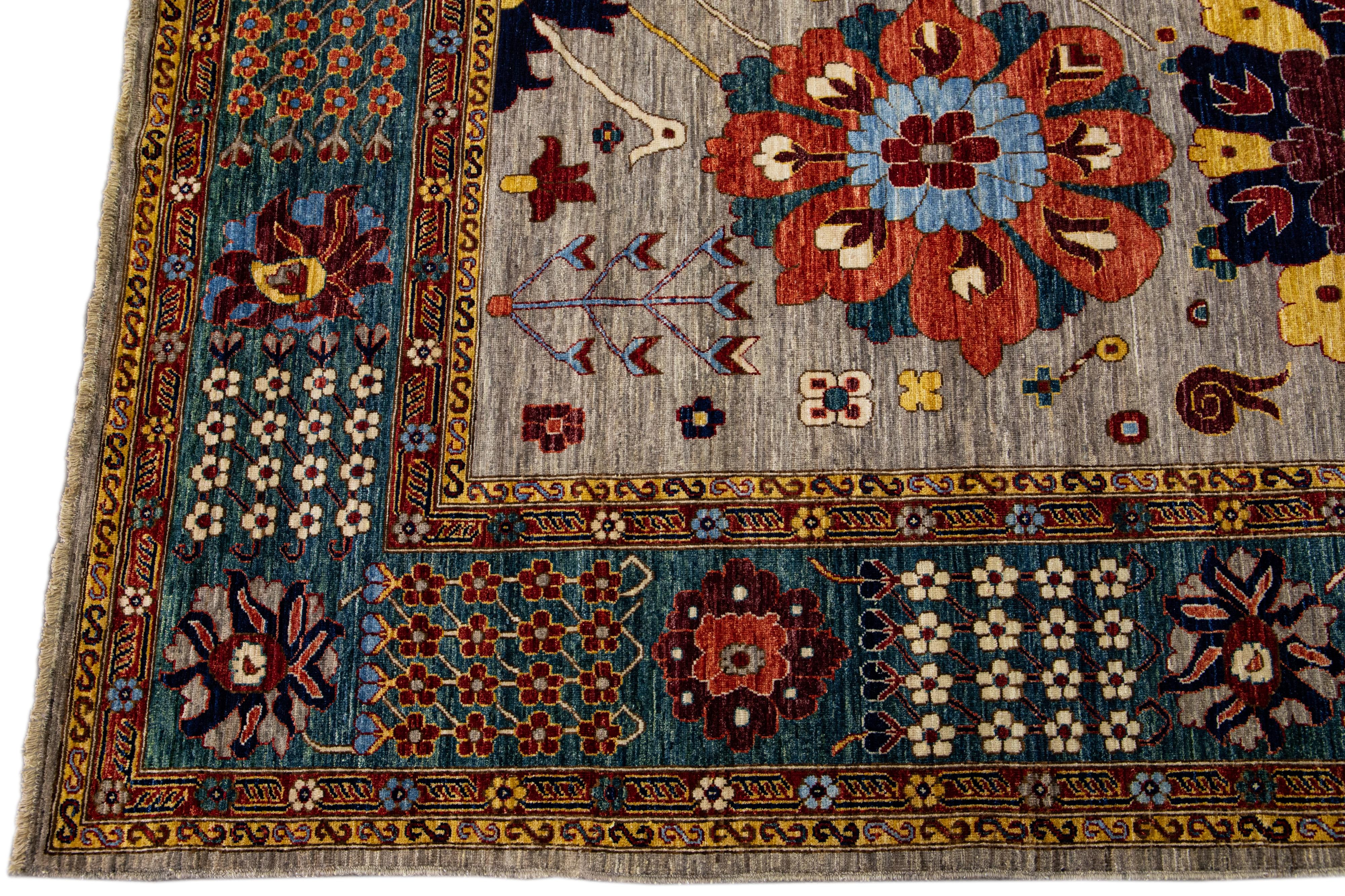 Pakistani Gray Modern Serapi Style Handmade Floral Designed Wool Rug For Sale