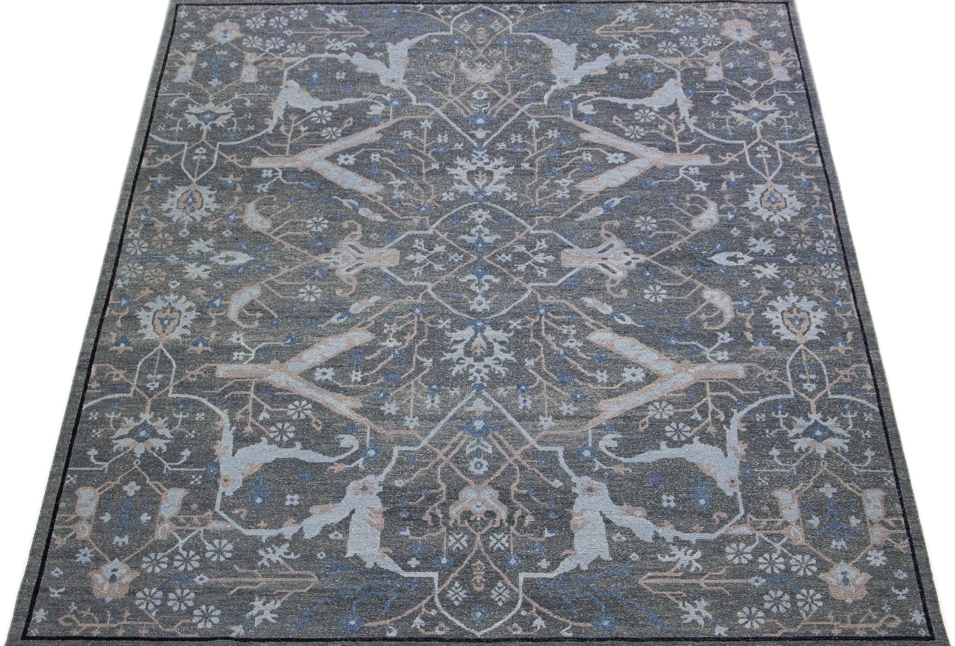 Beautiful Modern Soumak hand knotted wool rug with a gray field. This piece has accents in a gorgeous all-over geometric design in blue and brown.

This rug measures 8' x 10'.

Our rugs are professional cleaning before shipping.