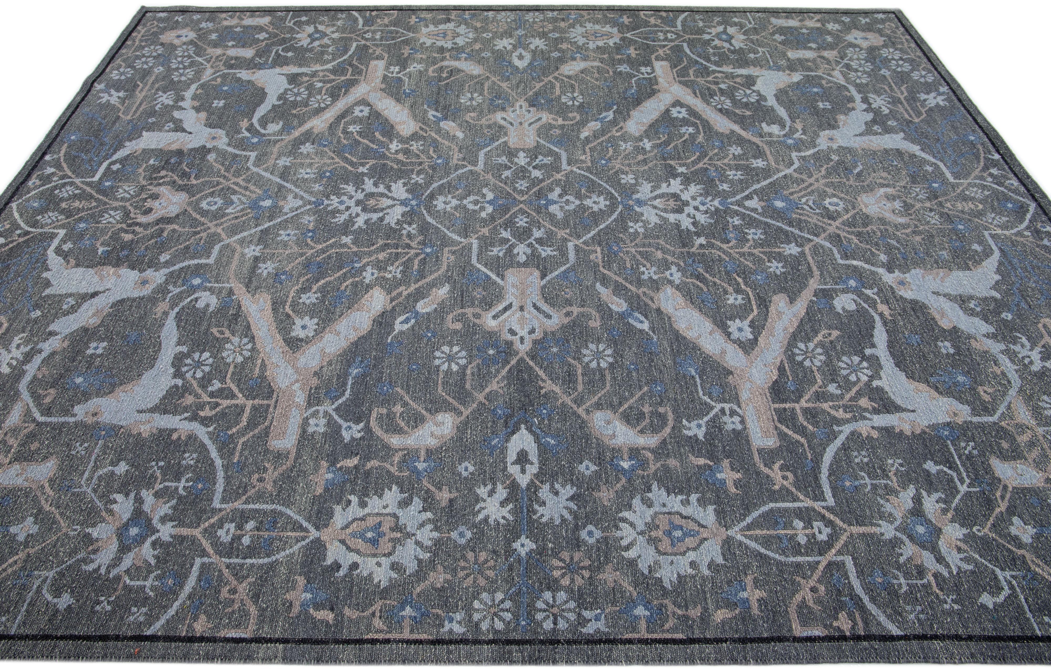 Indian Gray Modern Soumak Handmade Wool Rug with Allover Pattern For Sale