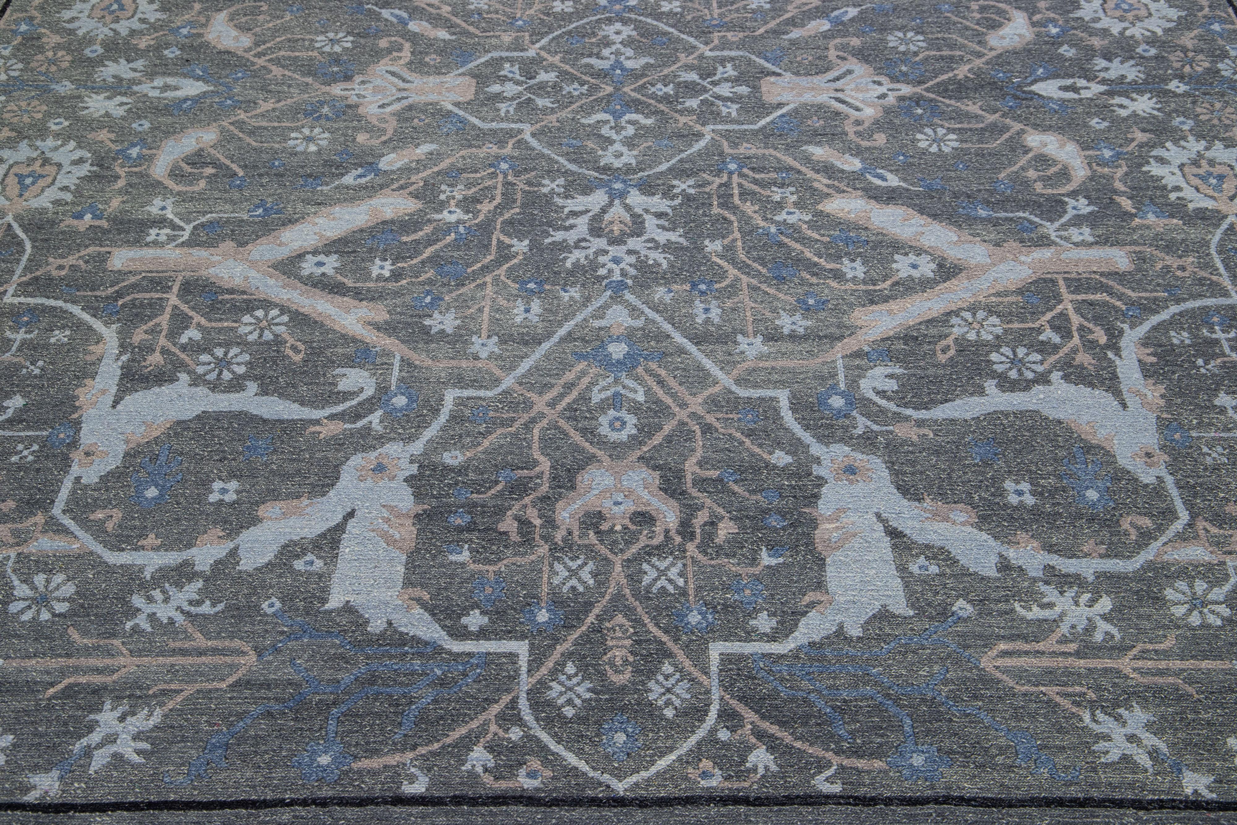 Gray Modern Soumak Handmade Wool Rug with Allover Pattern In New Condition For Sale In Norwalk, CT