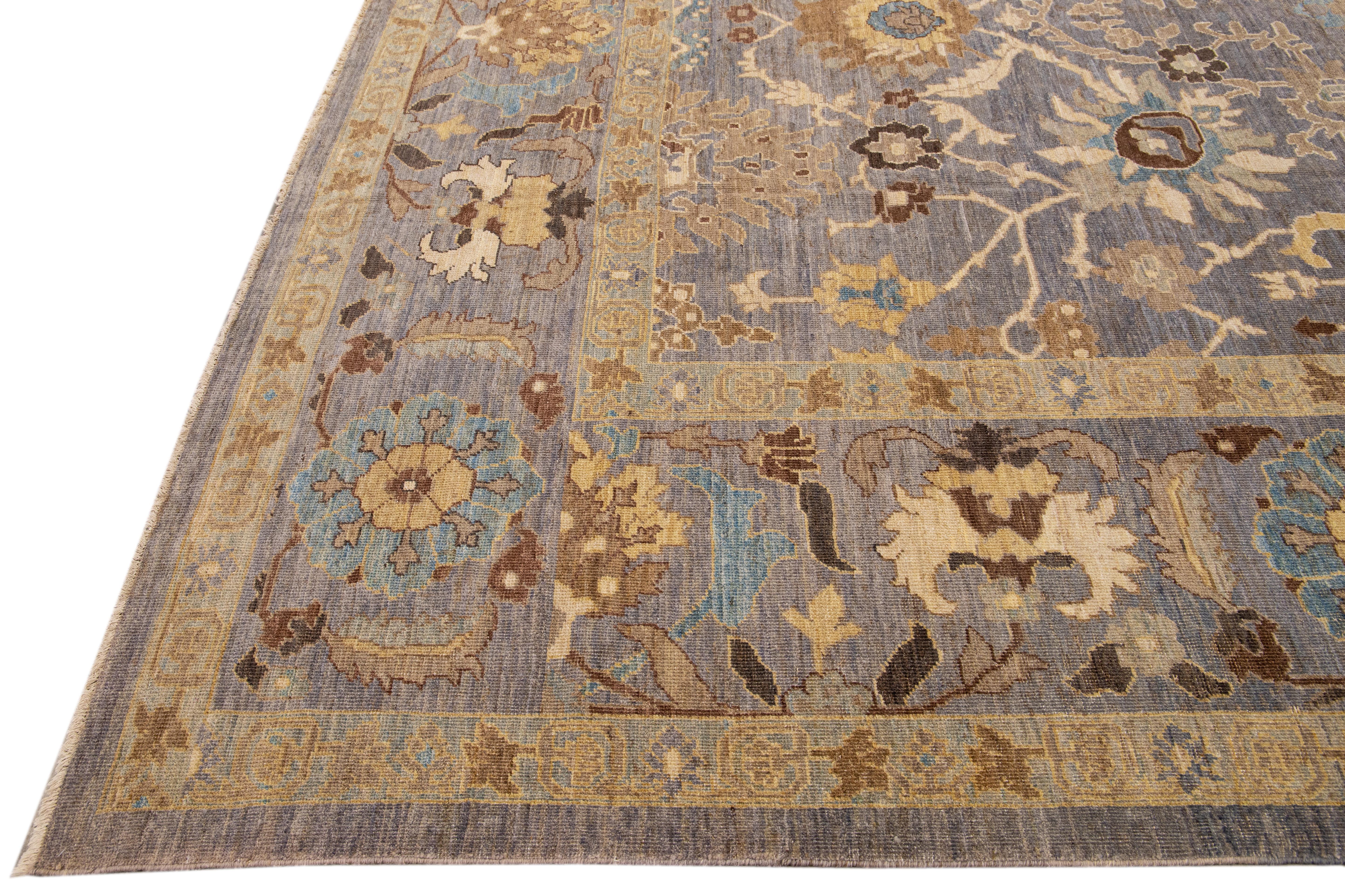 Hand-Knotted Gray Modern Sultanabad Handmade Floral Motif Oversize Wool Rug For Sale