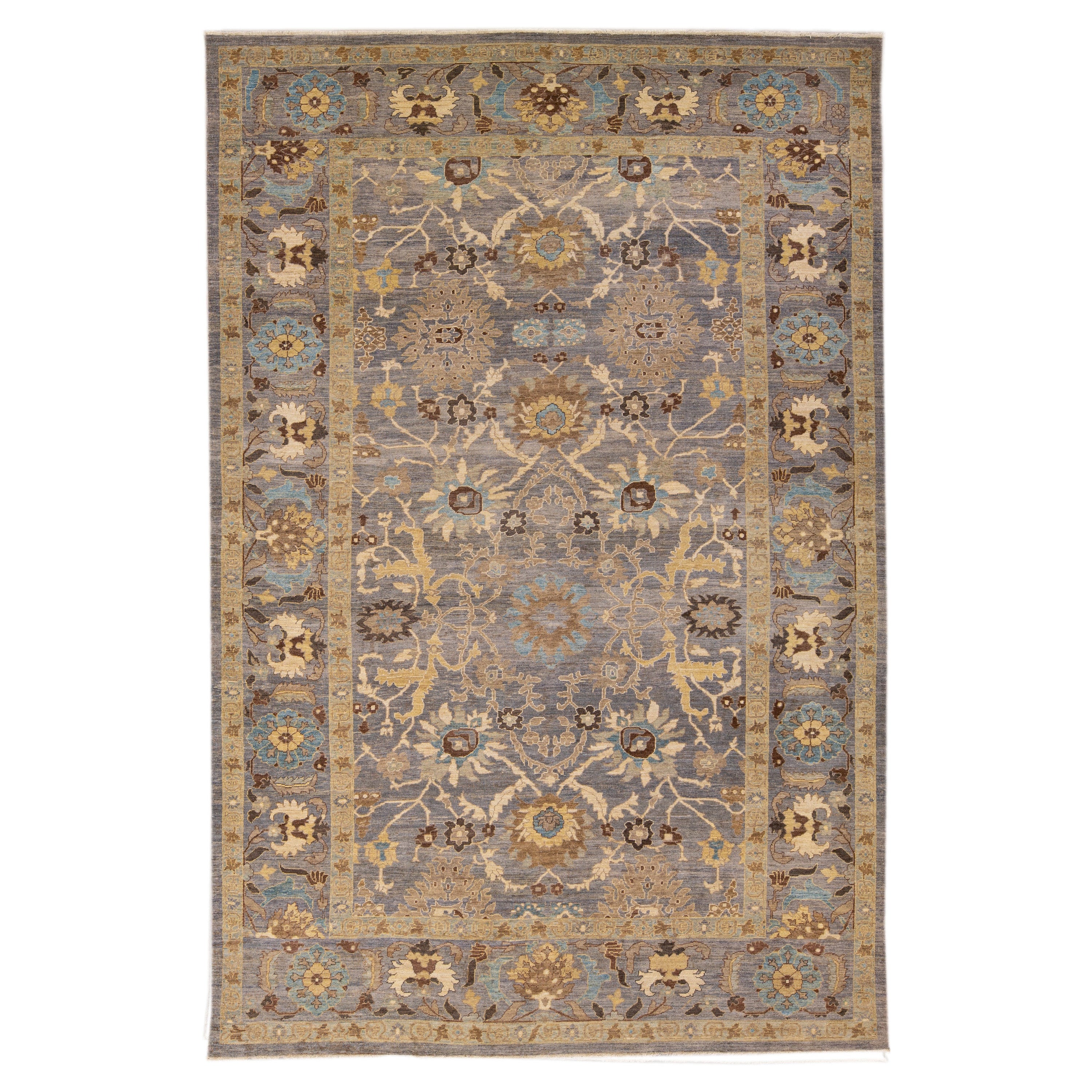 Grauer moderner Sultanabad Oversize-Wollteppich mit Blumenmotiv, handgefertigt mit Grau