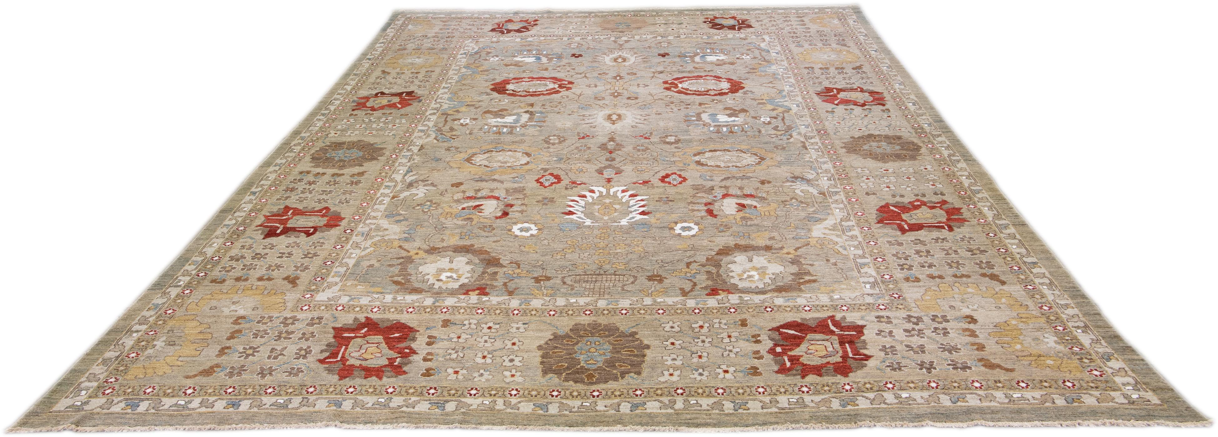 Handgefertigter, geblümter Oversize-Wollteppich in Grau, Modern Sultanabad im Angebot 2