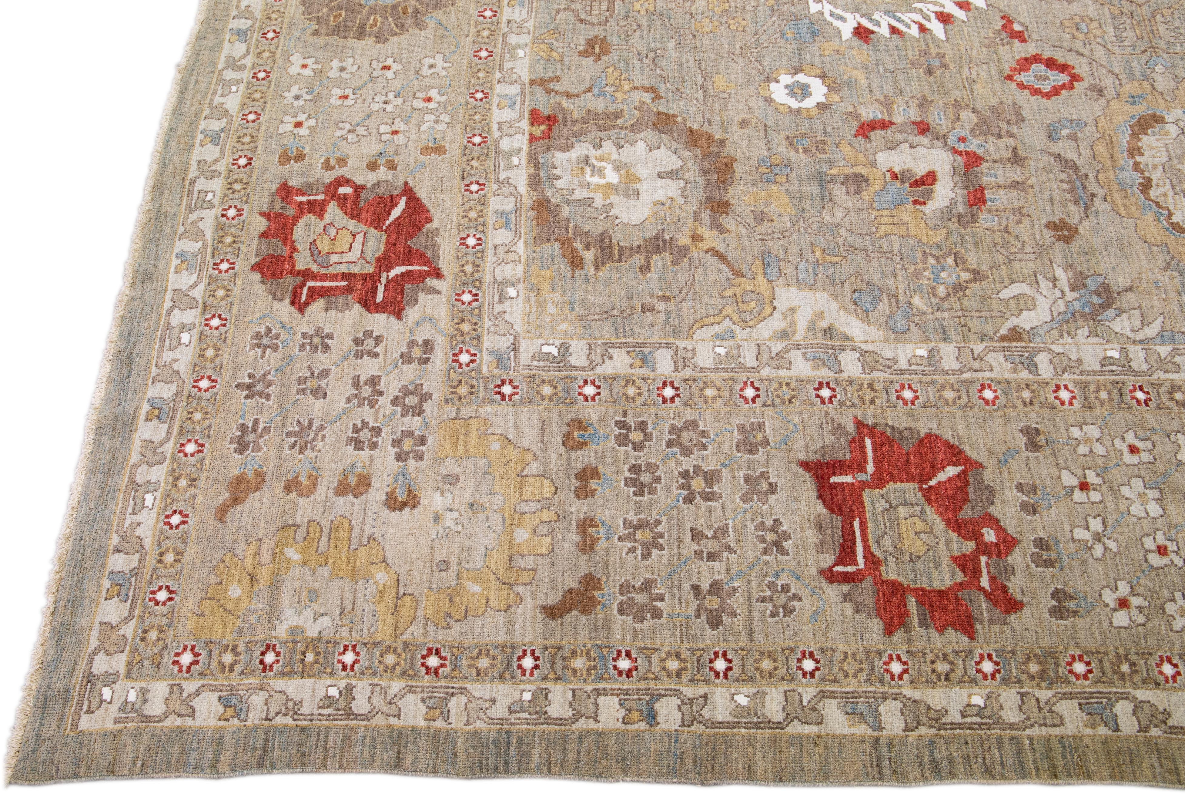 Persian Gray Modern Sultanabad Handmade Floral Oversize Wool Rug For Sale