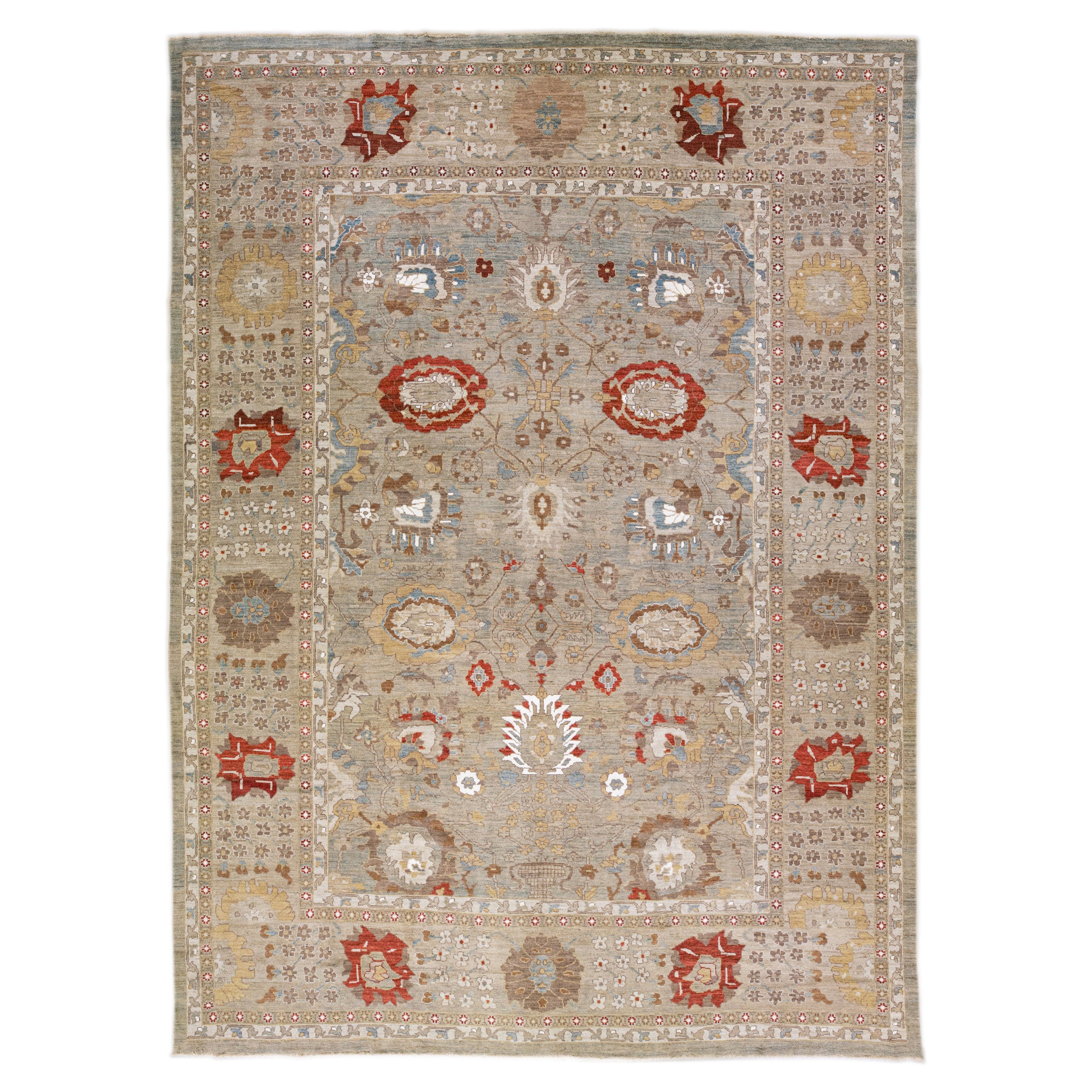Tapis en laine gris moderne Sultanabad fait à la main à motifs floraux surdimensionnés