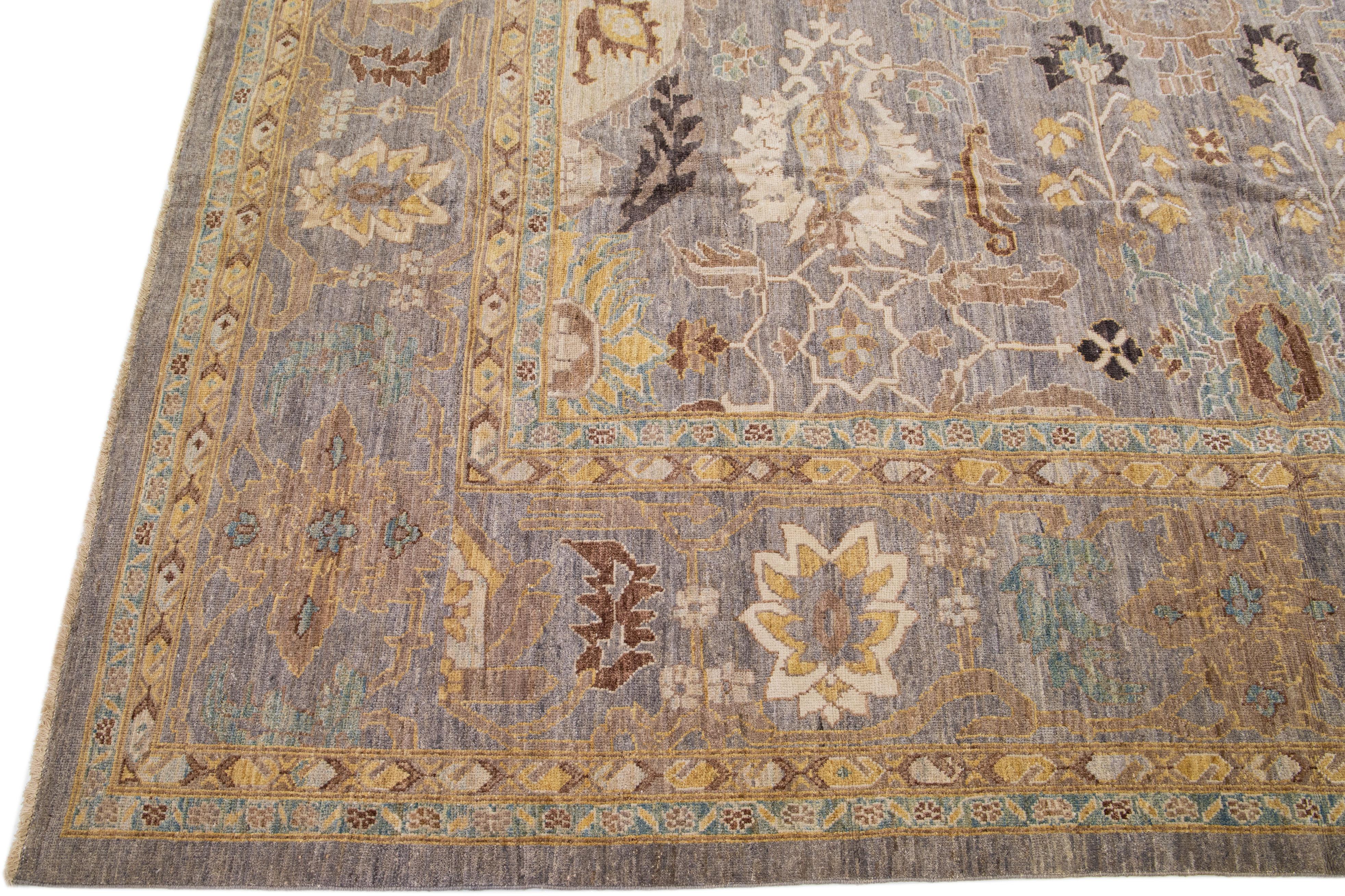 Hand-Knotted Gray Modern Sultanabad Handmade Persian Wool Rug with Allover Motif For Sale