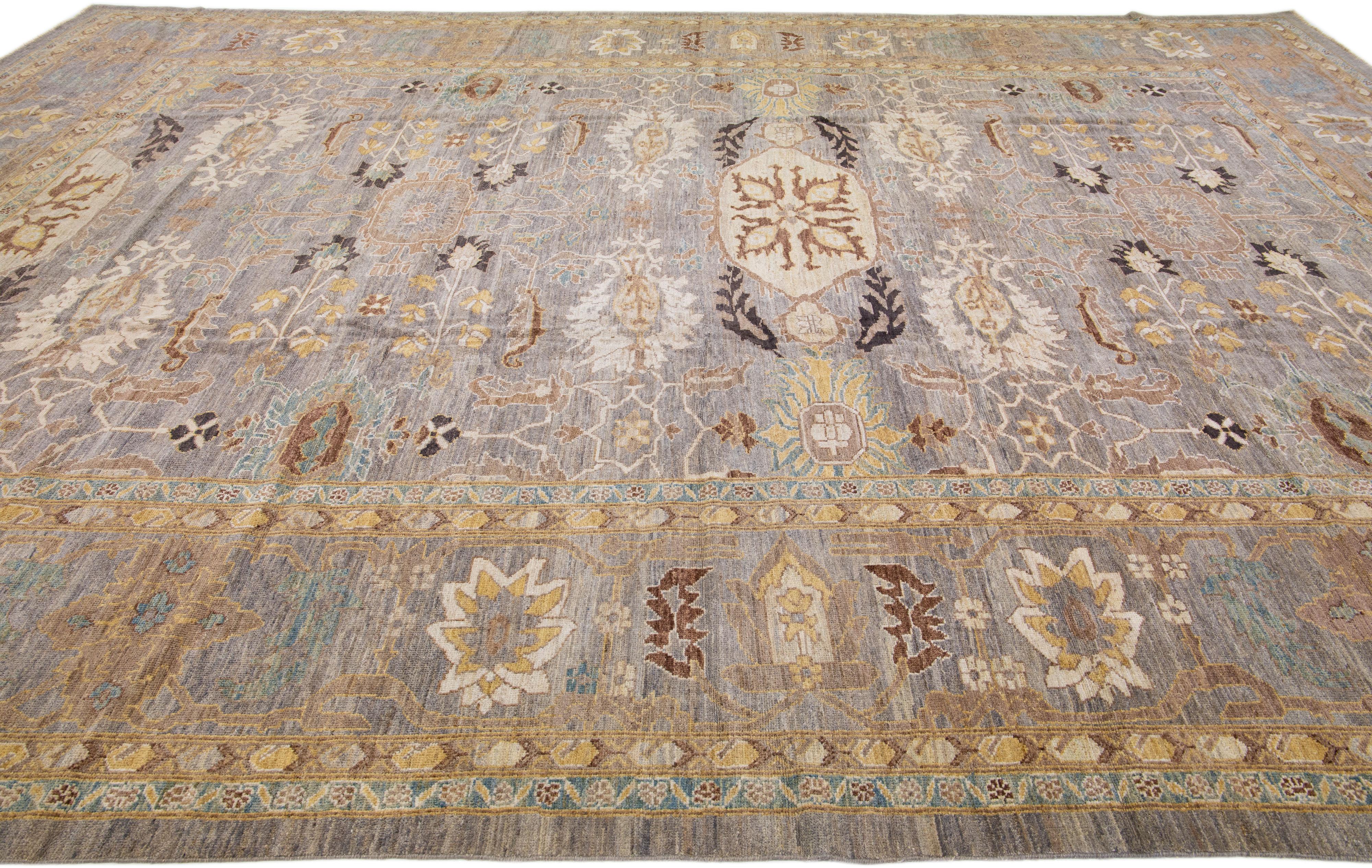 Contemporary Gray Modern Sultanabad Handmade Persian Wool Rug with Allover Motif For Sale