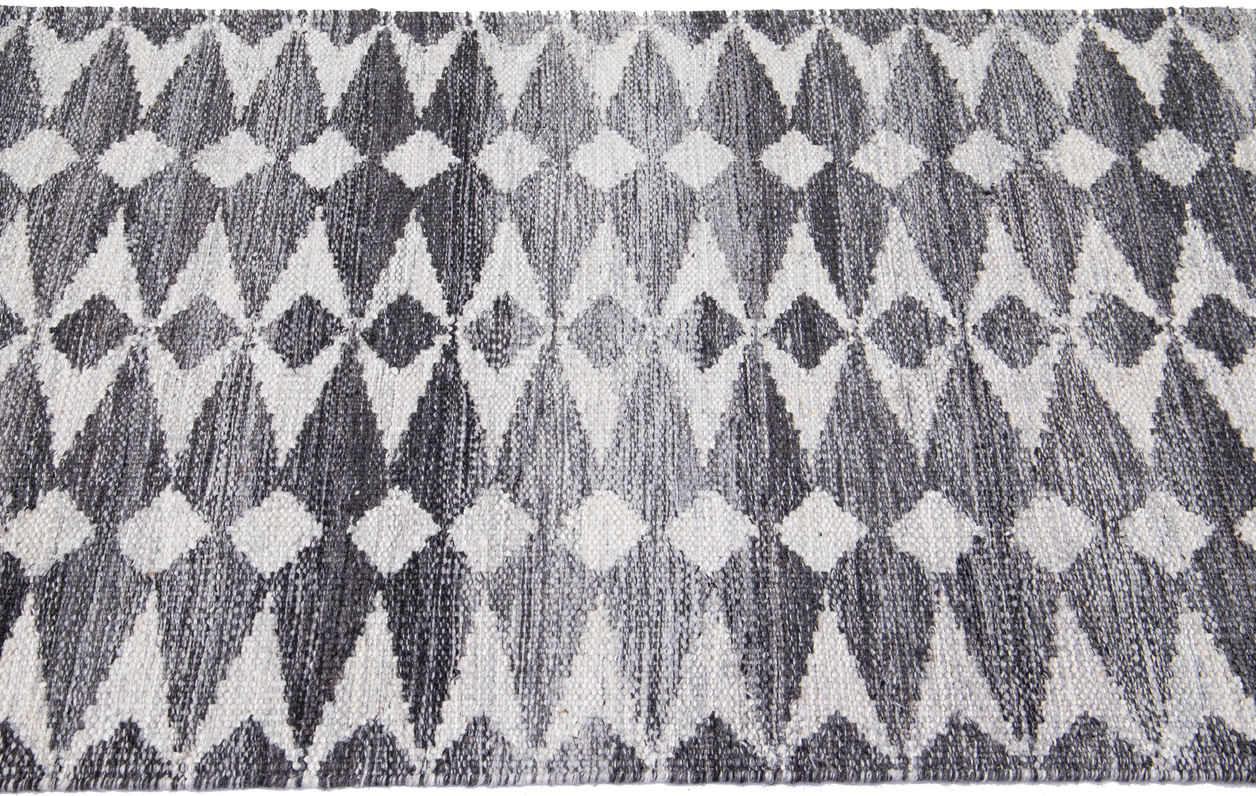 Scandinavian Modern Gray Modern Swedish Style Handmade Abstract Designed Wool Runner For Sale