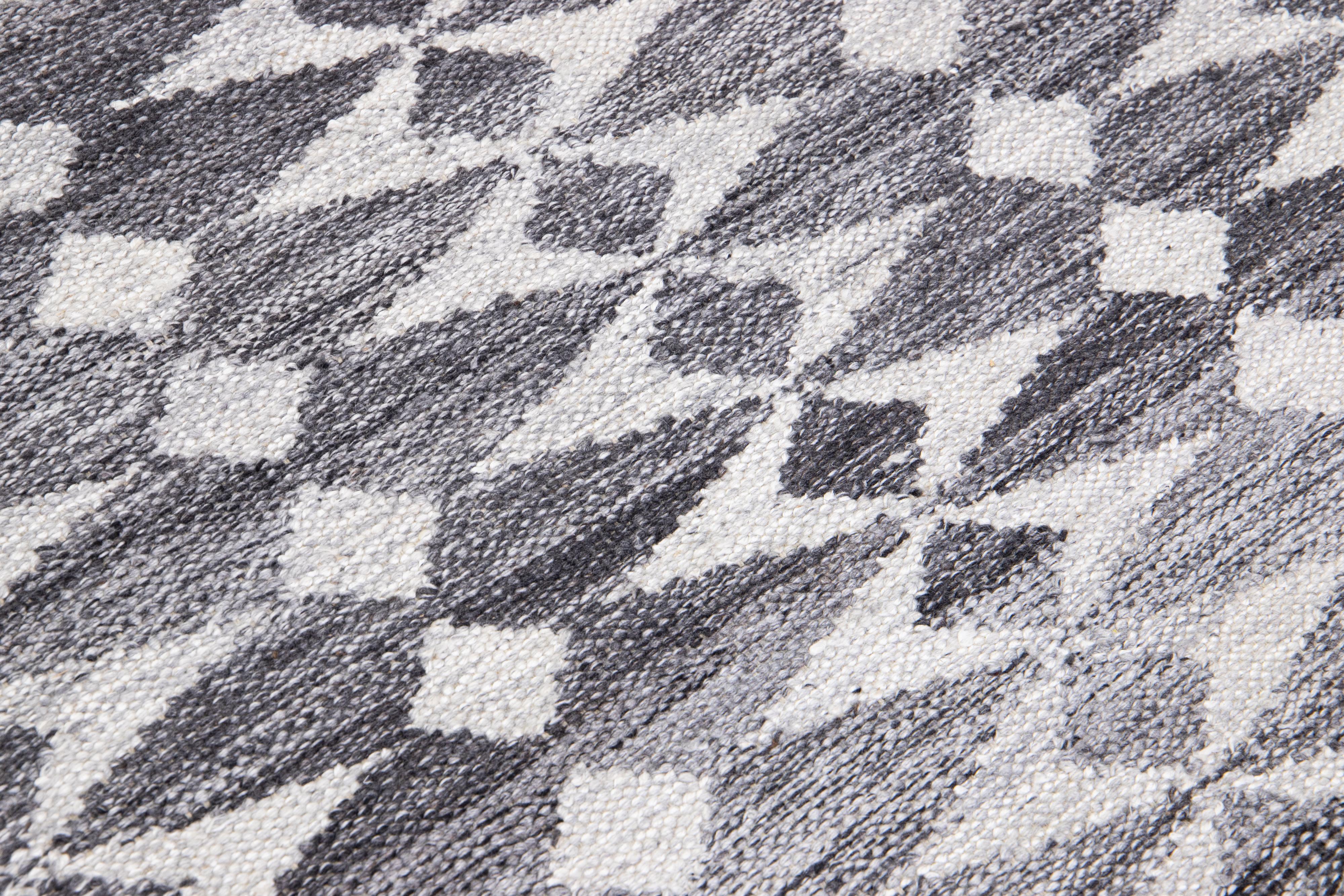 Gray Modern Swedish Style Handmade Abstract Designed Wool Runner For Sale 1