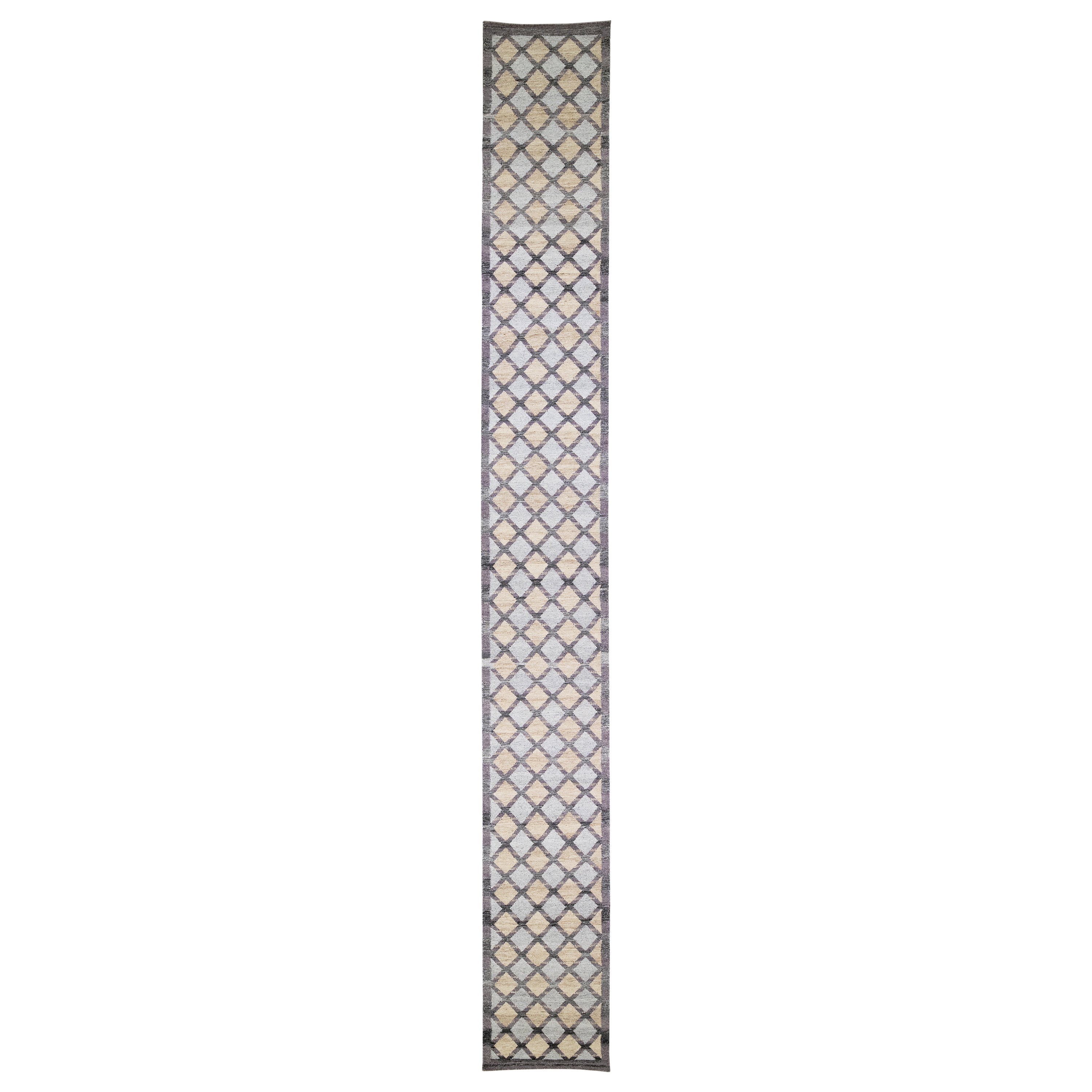 Runner in lana lungo grigio in stile svedese moderno fatto a mano con motivi geometrici