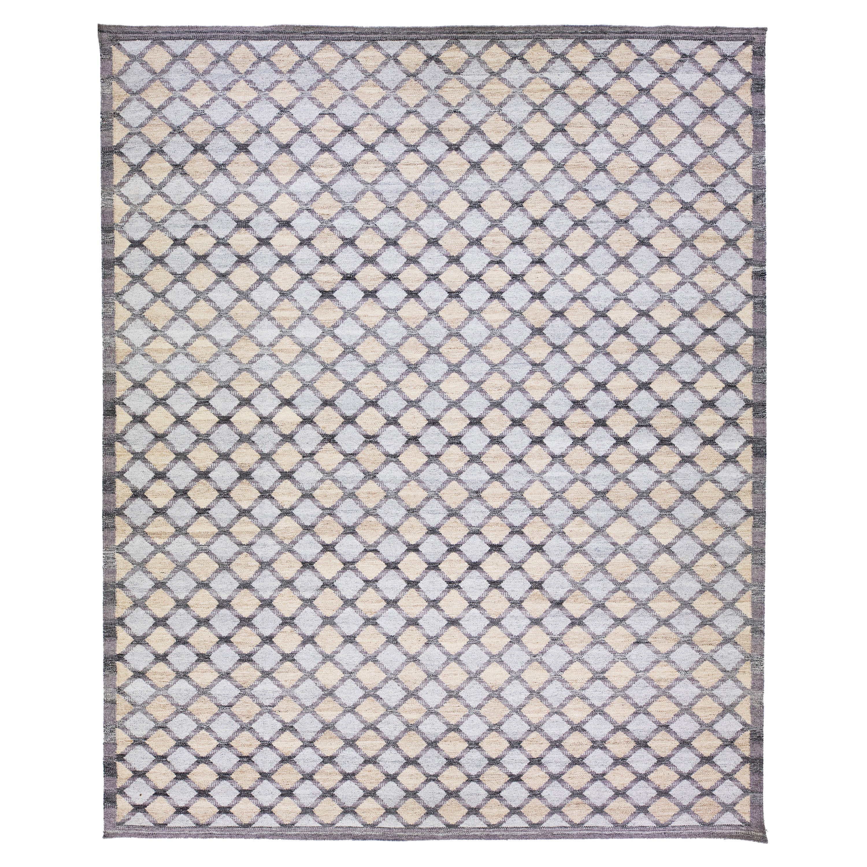 Tappeto in lana fatto a mano in stile svedese moderno grigio con motivo geometrico