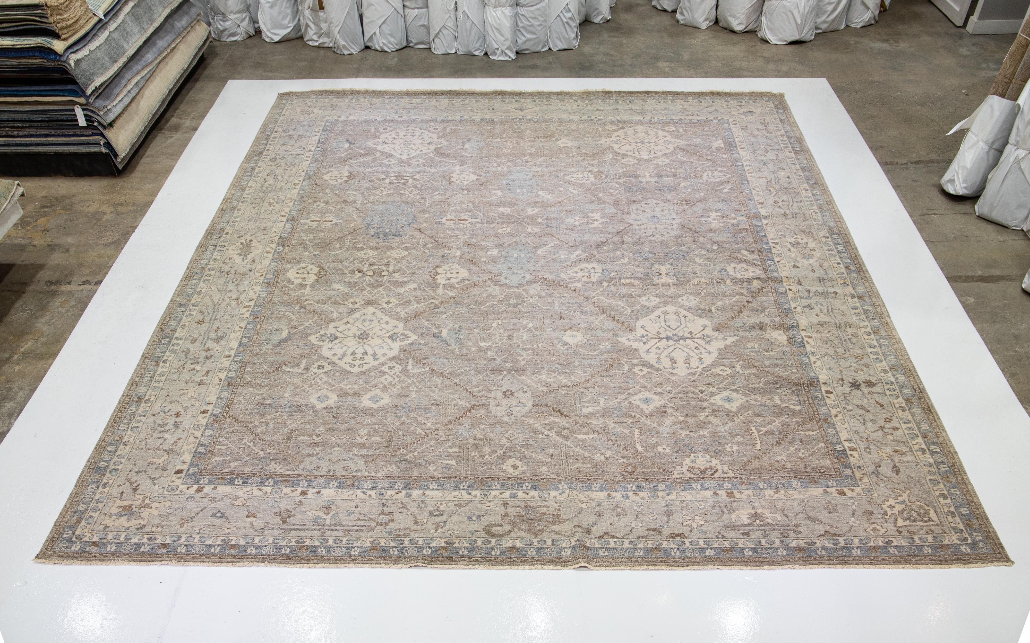 Gray Modern Tabriz Handmade Floral Indian Wool Rug By Apadana For Sale 5