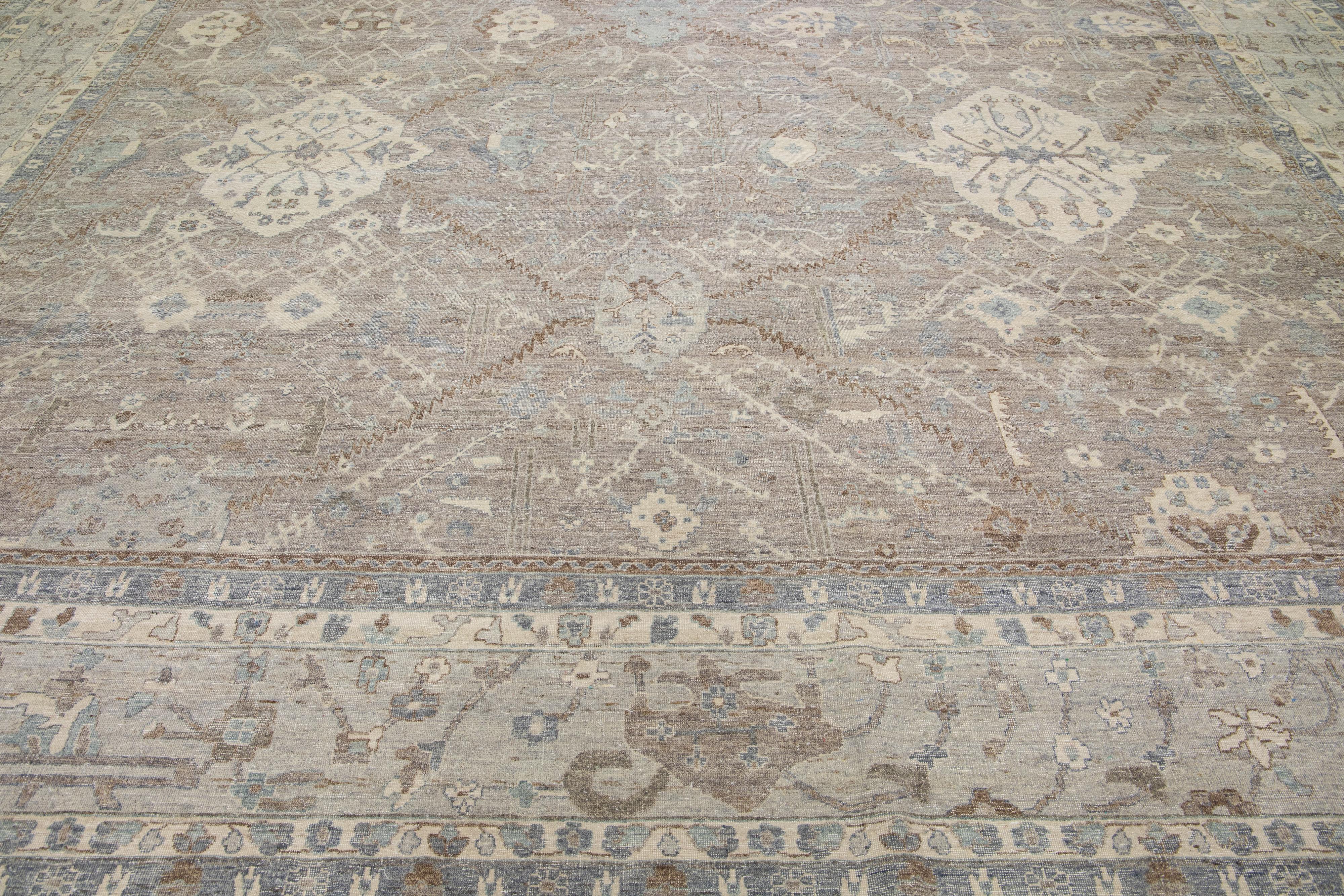 Gray Modern Tabriz Handmade Floral Indian Wool Rug By Apadana For Sale 6