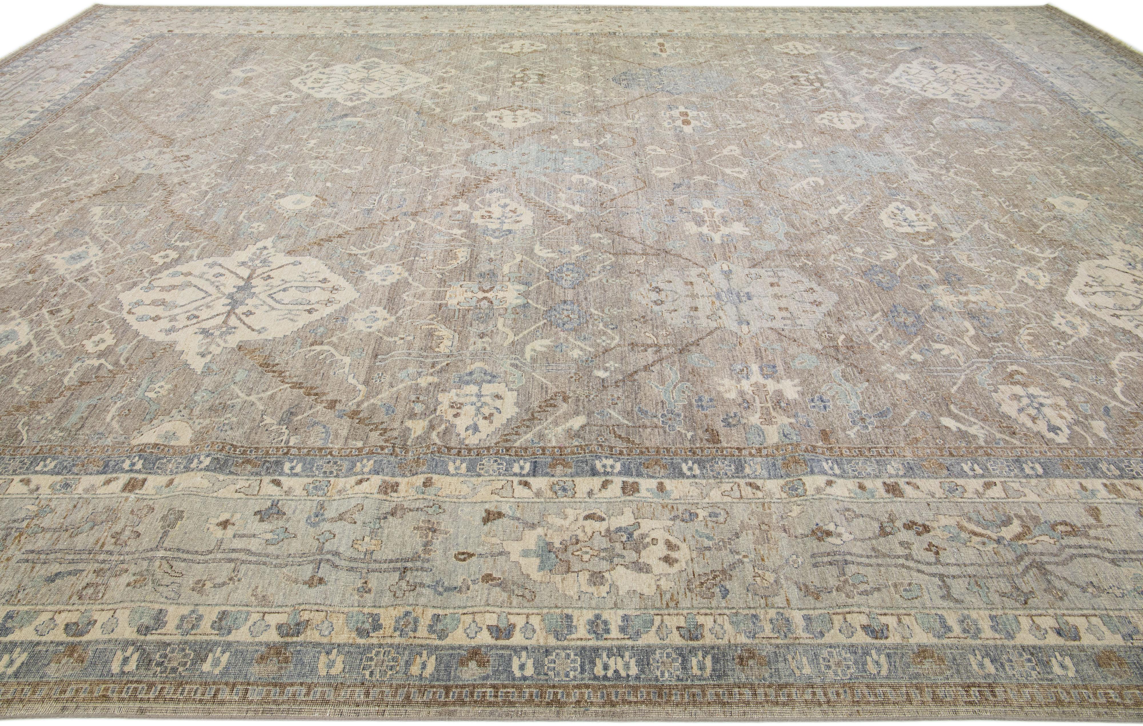 Hand-Knotted Gray Modern Tabriz Handmade Floral Indian Wool Rug By Apadana For Sale