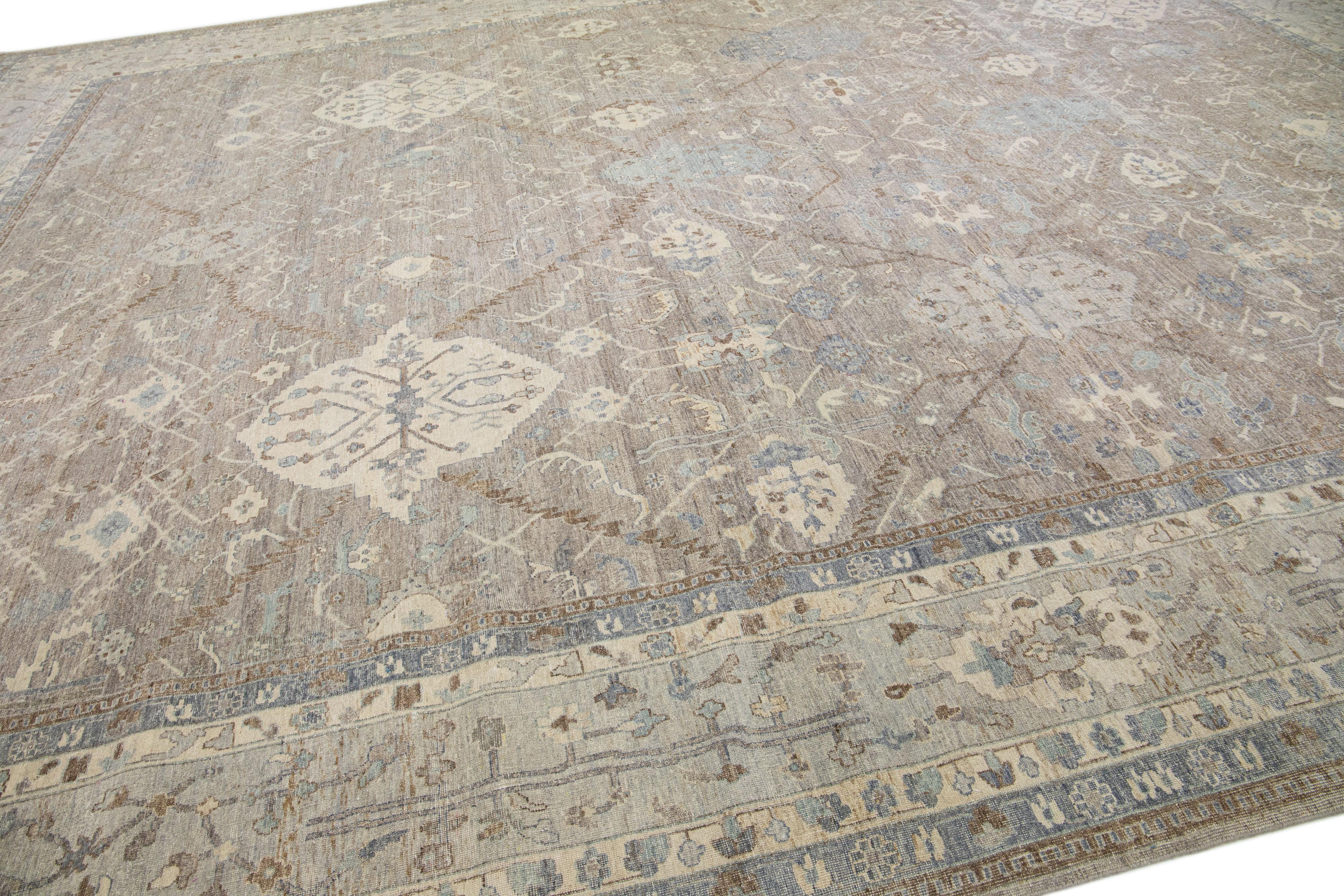 Gray Modern Tabriz Handmade Floral Indian Wool Rug By Apadana In New Condition For Sale In Norwalk, CT